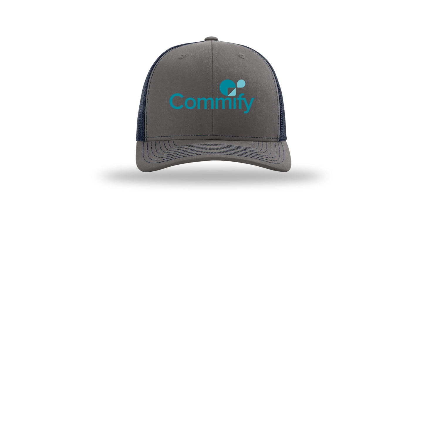 commify-richardson-trucker-cap-embroidery-capfront-R112-charcoalnavy-flat-front