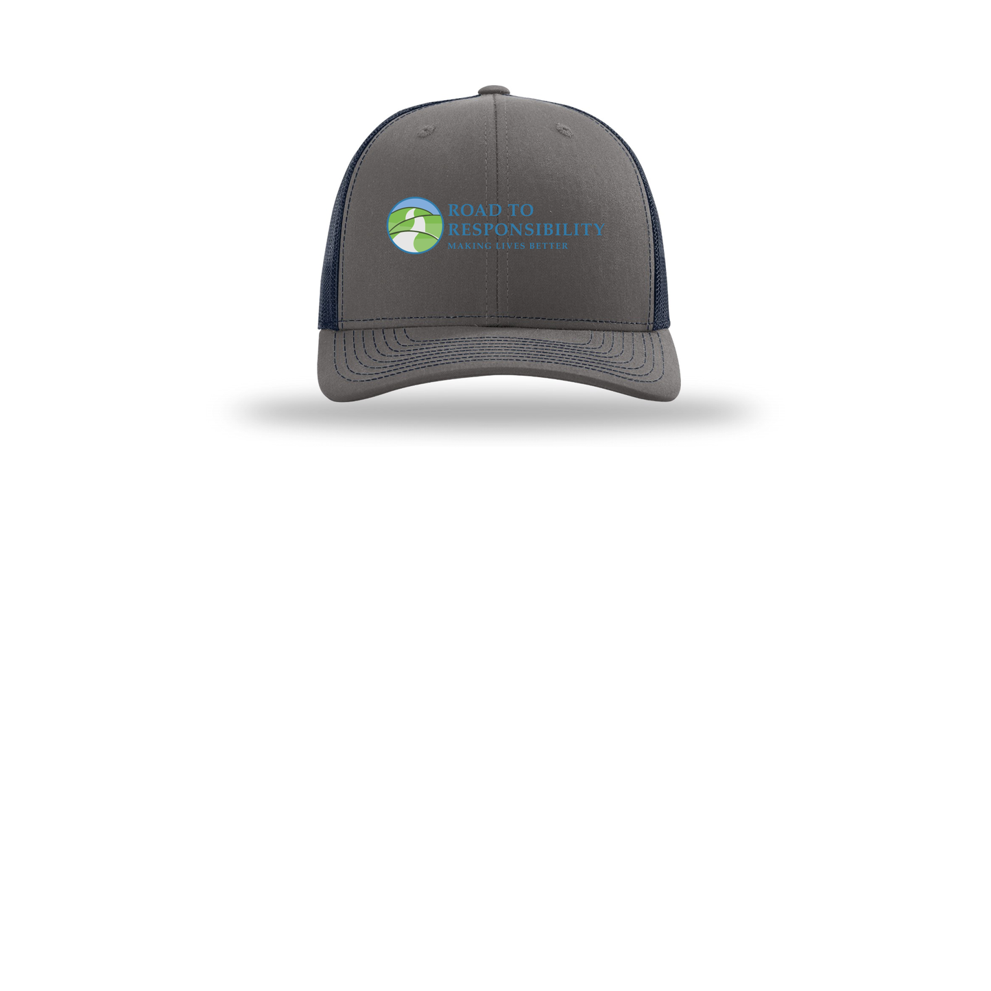 roadtoresponsibility-richardson-trucker-cap-embroidery-capfront-R112-charcoalnavy-flat-front