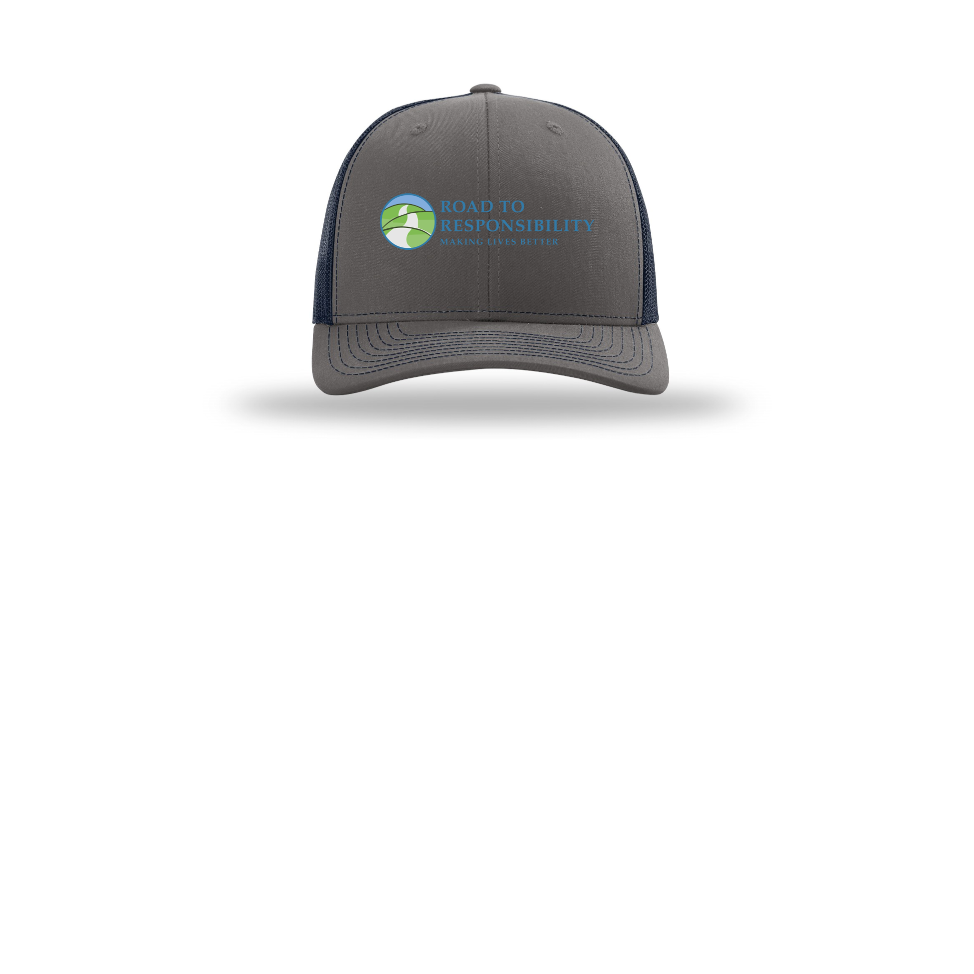 roadtoresponsibility-richardson-trucker-cap-embroidery-capfront-R112-charcoalnavy-flat-front