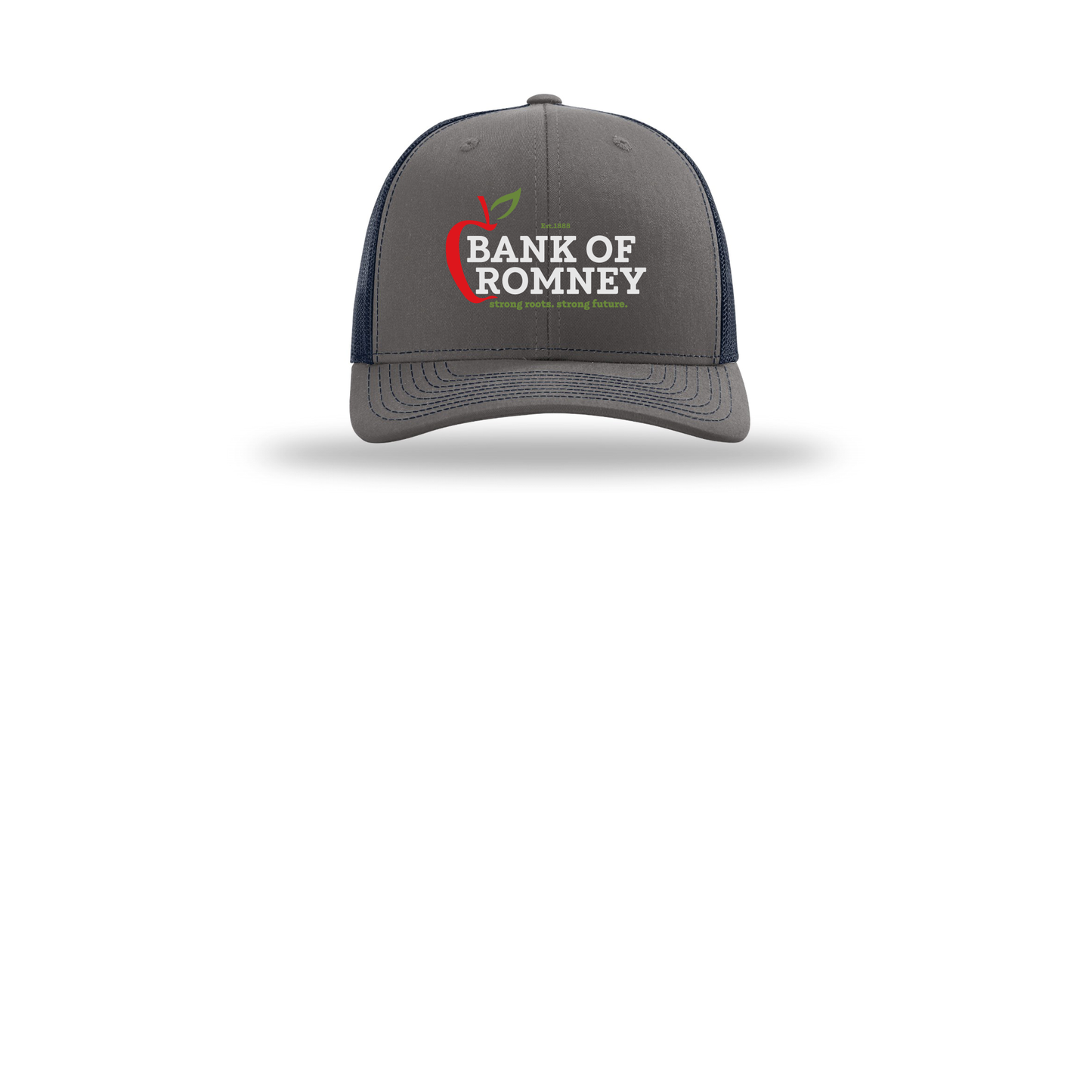 bankofromney-richardson-trucker-cap-embroidery-capfront-R112-charcoalnavy-flat-front