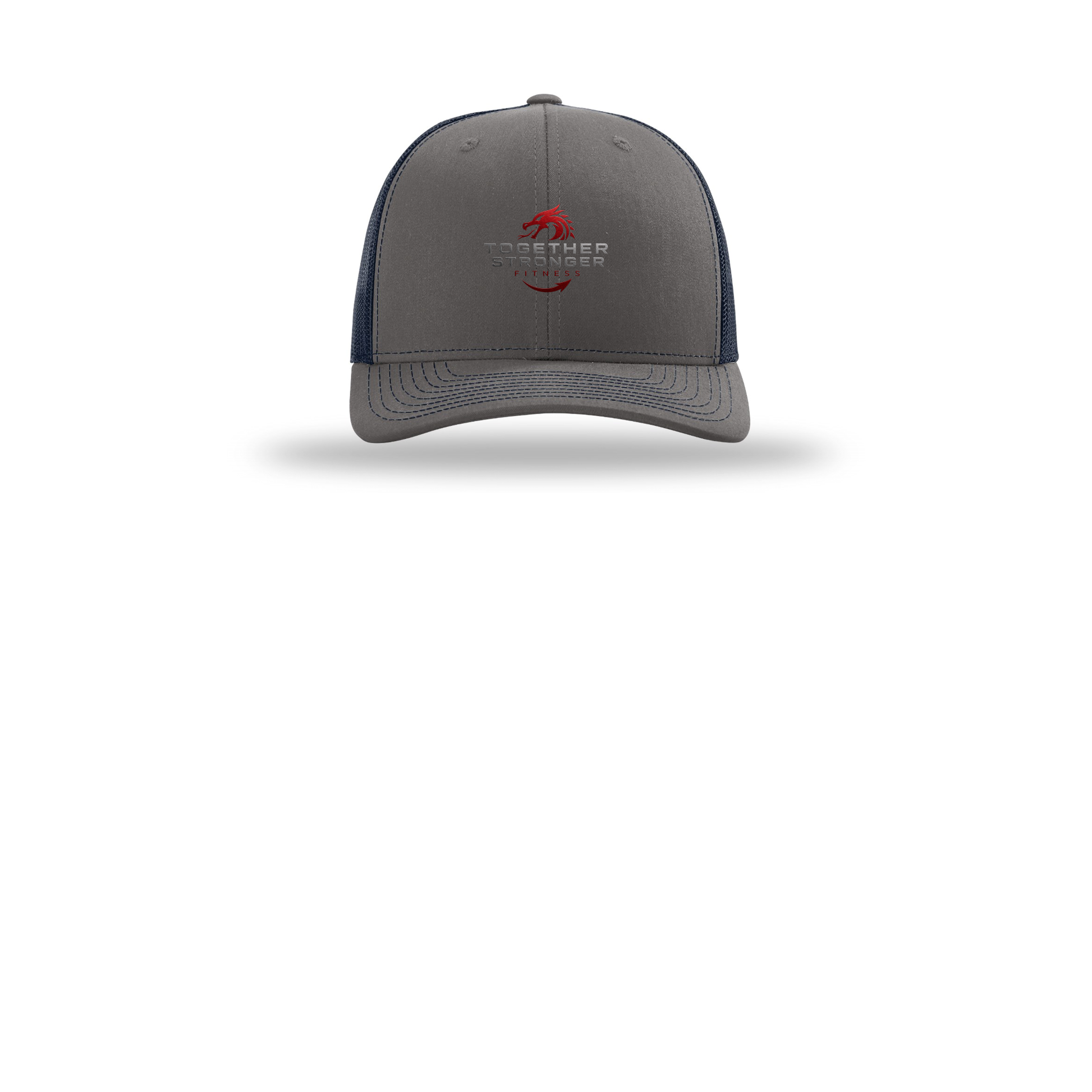 togetherstrongerfitness-richardson-trucker-cap-embroidery-capfront-R112-charcoalnavy-flat-front