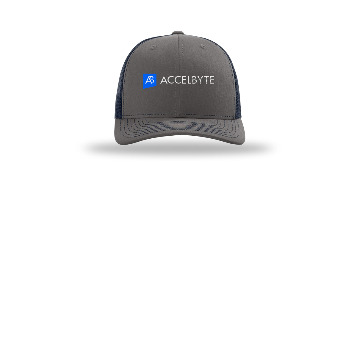 accelbyte-richardson-trucker-cap-embroidery-capfront-R112-charcoalnavy-flat-front