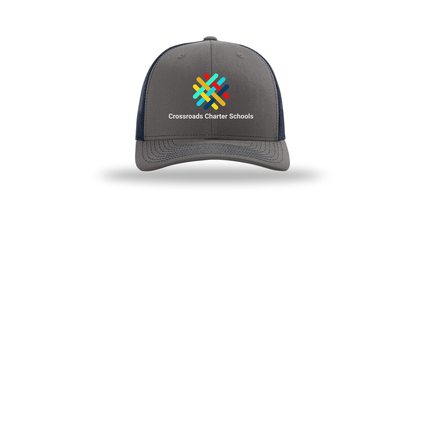 crossroadsschoolskc-richardson-trucker-cap-embroidery-capfront-R112-charcoalnavy-flat-front