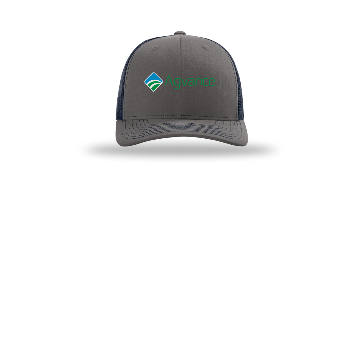 agvance-richardson-trucker-cap-embroidery-capfront-R112-charcoalnavy-flat-front