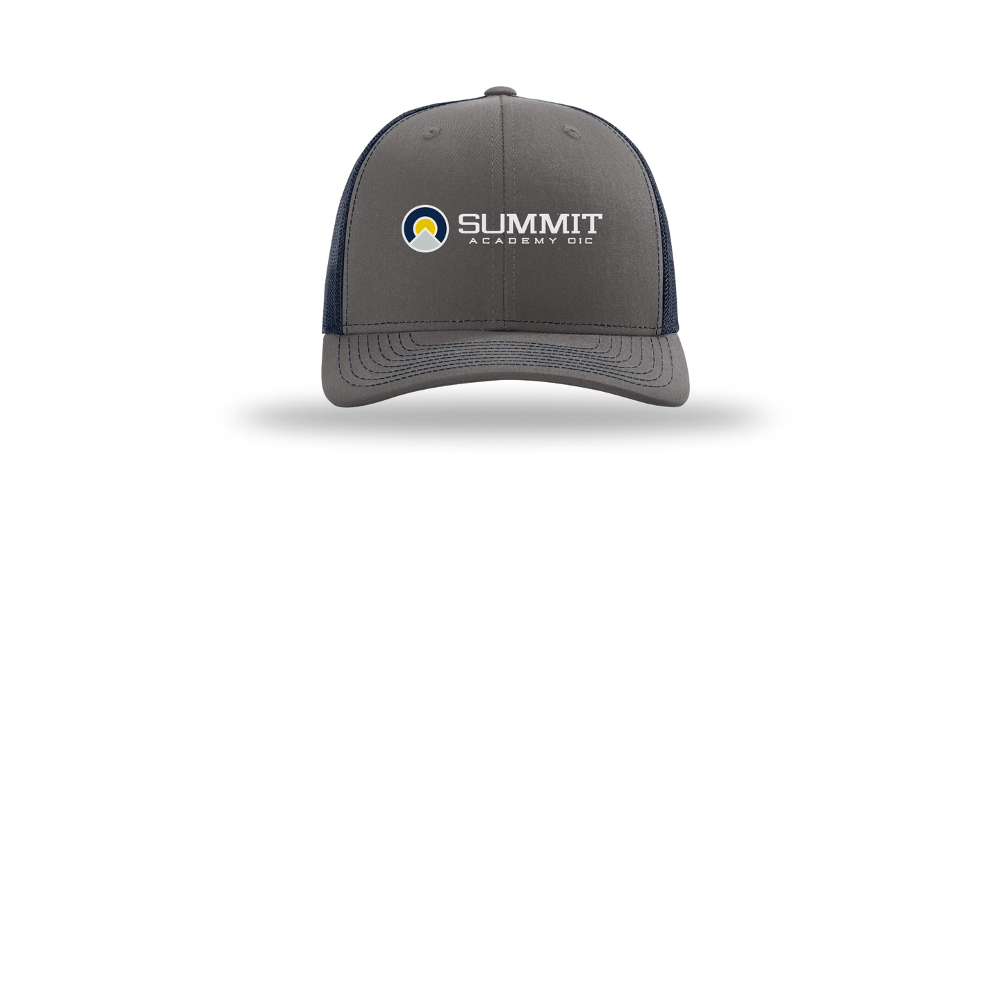 saoic-richardson-trucker-cap-embroidery-capfront-R112-charcoalnavy-flat-front