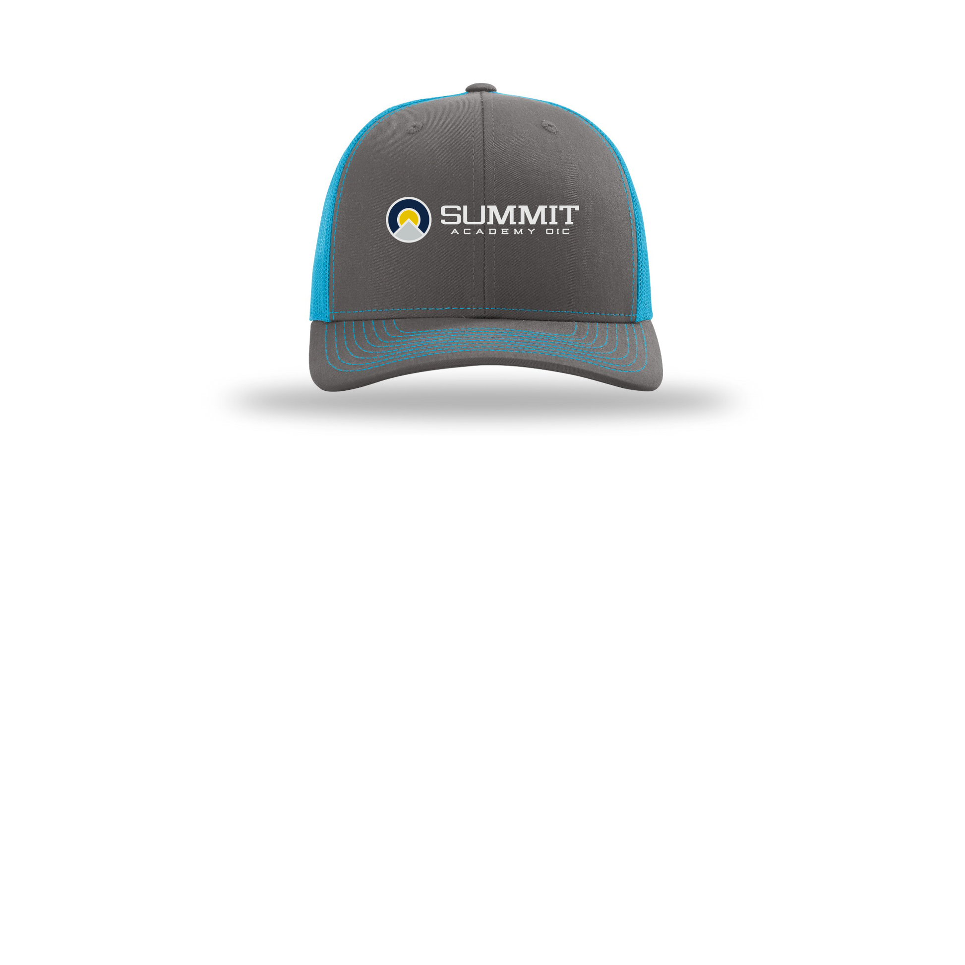 saoic-richardson-trucker-cap-embroidery-capfront-R112-charcoalneonblue-flat-front