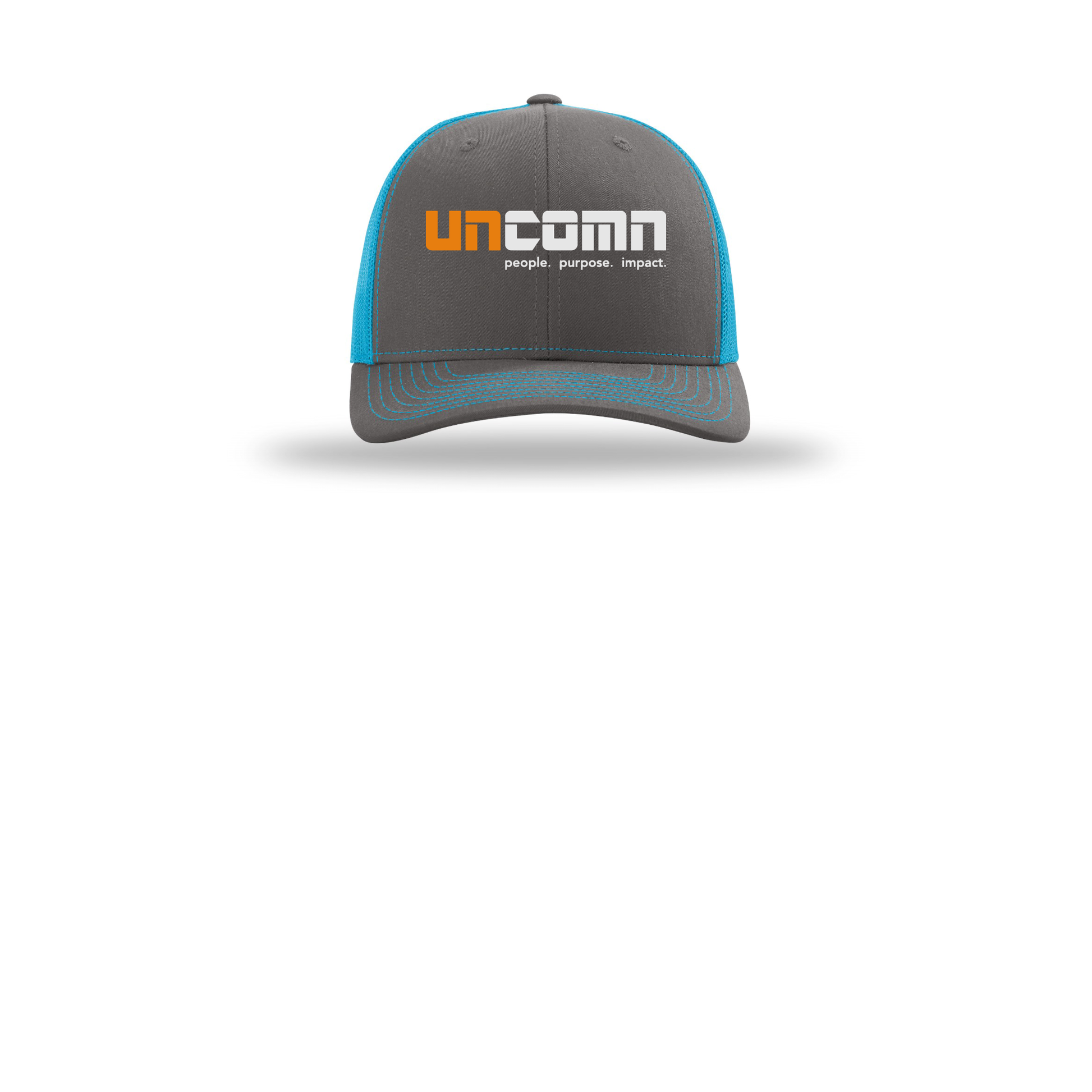 uncomn-richardson-trucker-cap-embroidery-capfront-R112-charcoalneonblue-flat-front