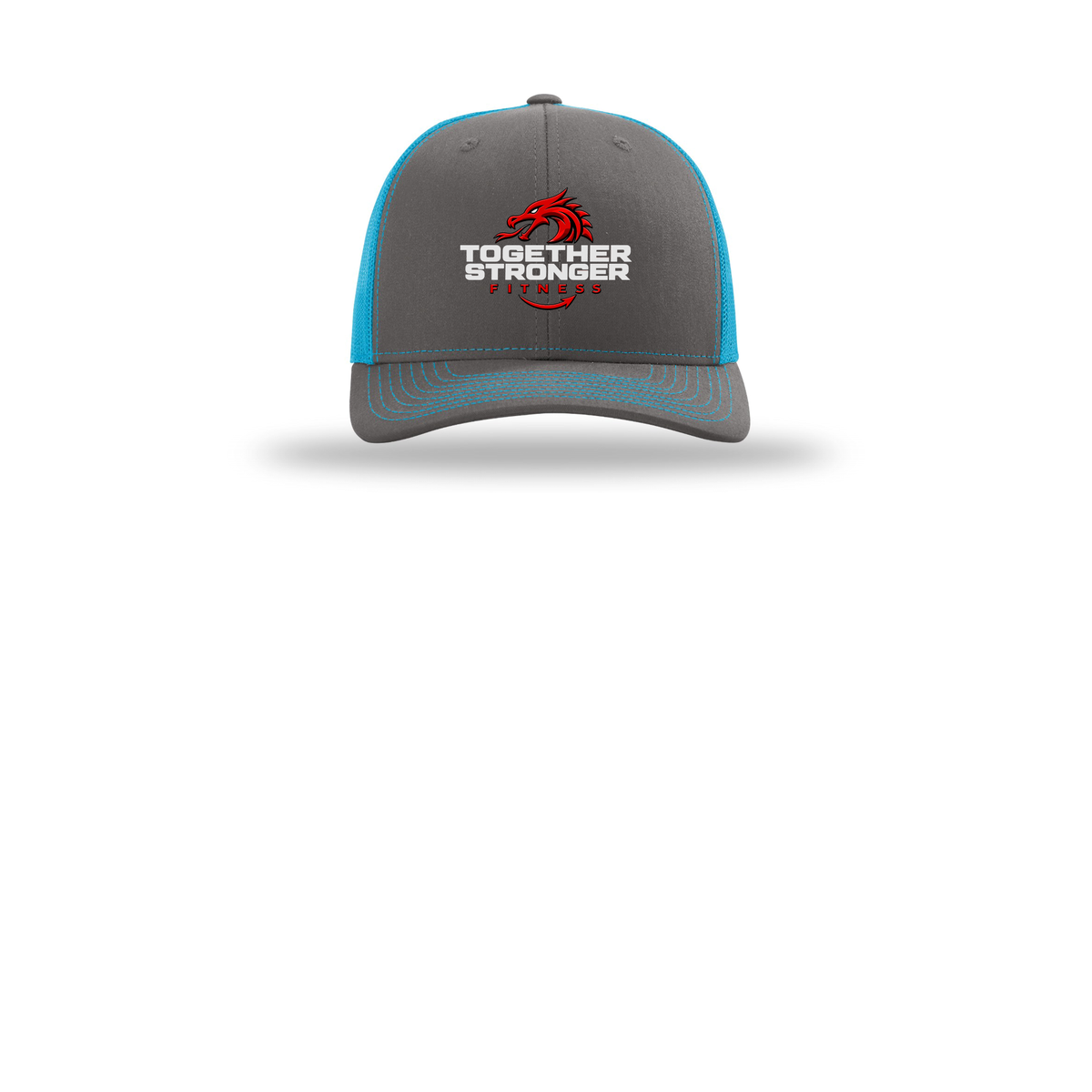togetherstrongerfitness-richardson-trucker-cap-embroidery-capfront-R112-charcoalneonblue-flat-front