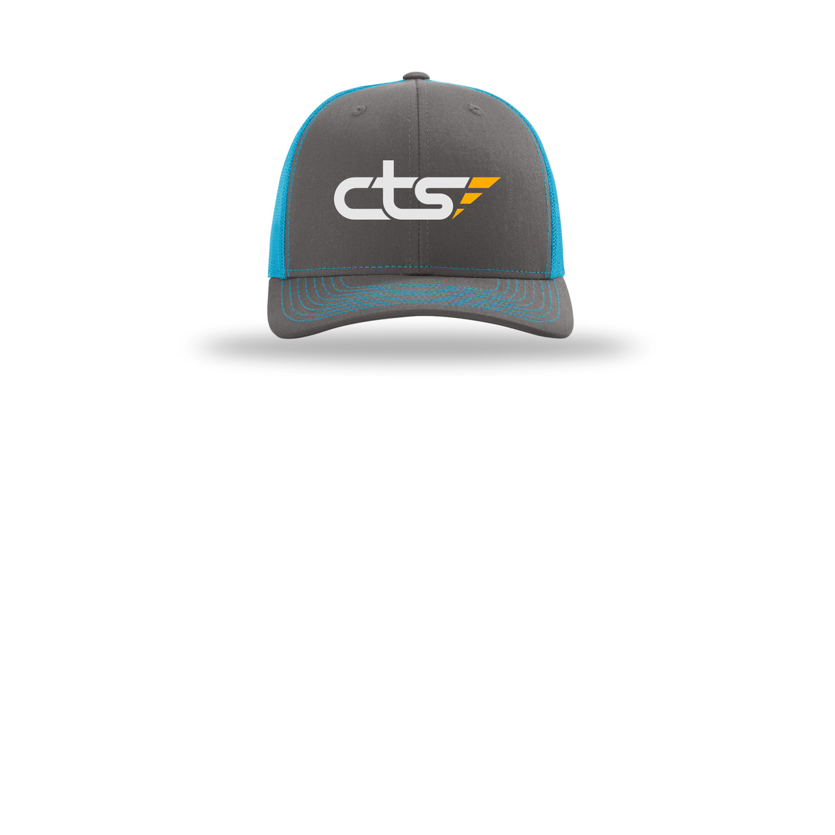cts1-richardson-trucker-cap-embroidery-capfront-R112-charcoalneonblue-flat-front