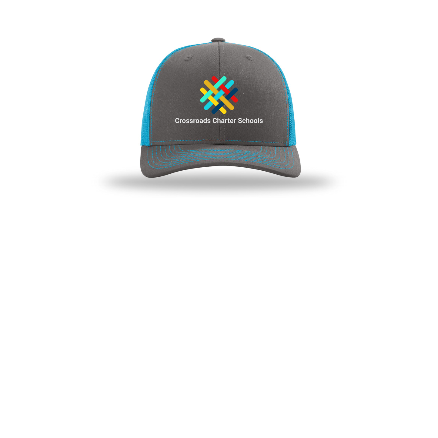 crossroadsschoolskc-richardson-trucker-cap-embroidery-capfront-R112-charcoalneonblue-flat-front