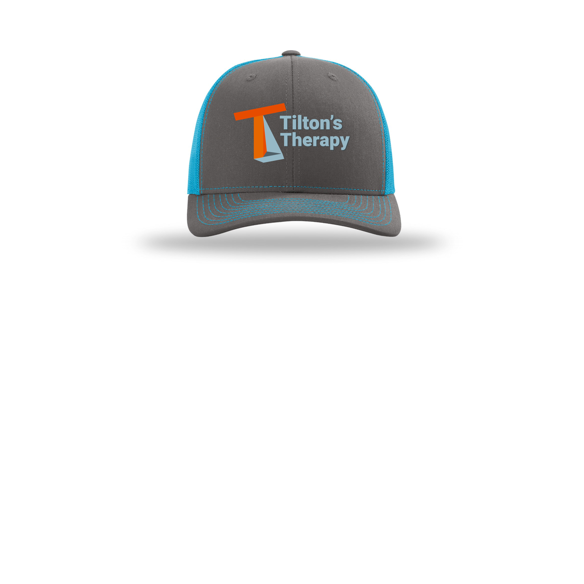 tiltonstherapy-richardson-trucker-cap-embroidery-capfront-R112-charcoalneonblue-flat-front