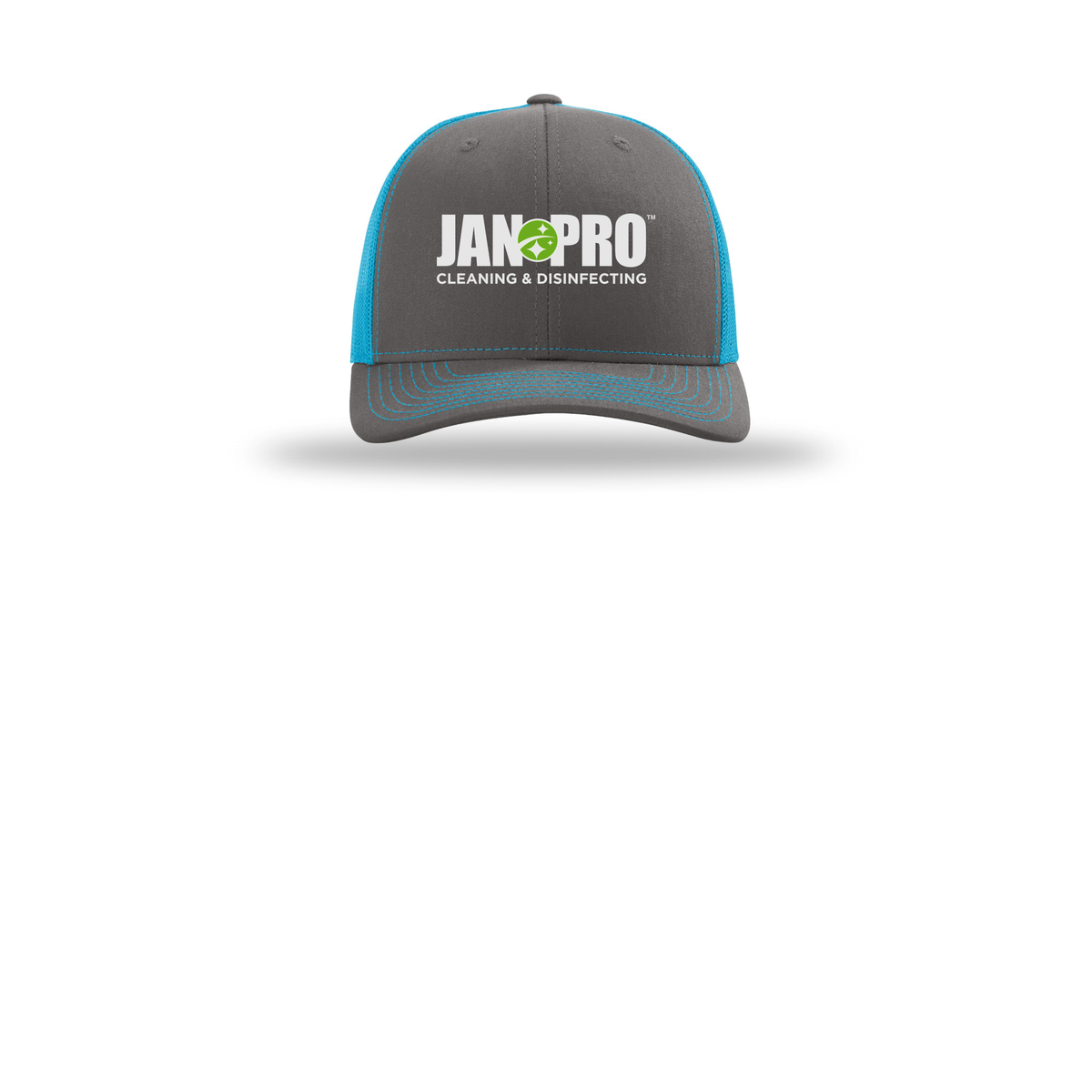 jan-pro-richardson-trucker-cap-embroidery-capfront-R112-charcoalneonblue-flat-front