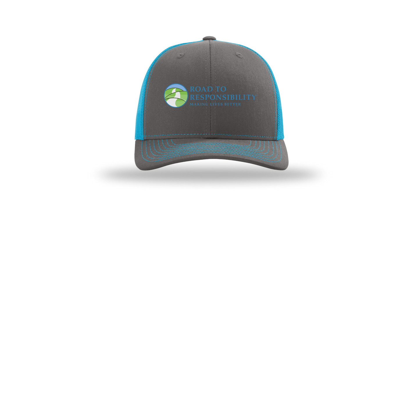roadtoresponsibility-richardson-trucker-cap-embroidery-capfront-R112-charcoalneonblue-flat-front