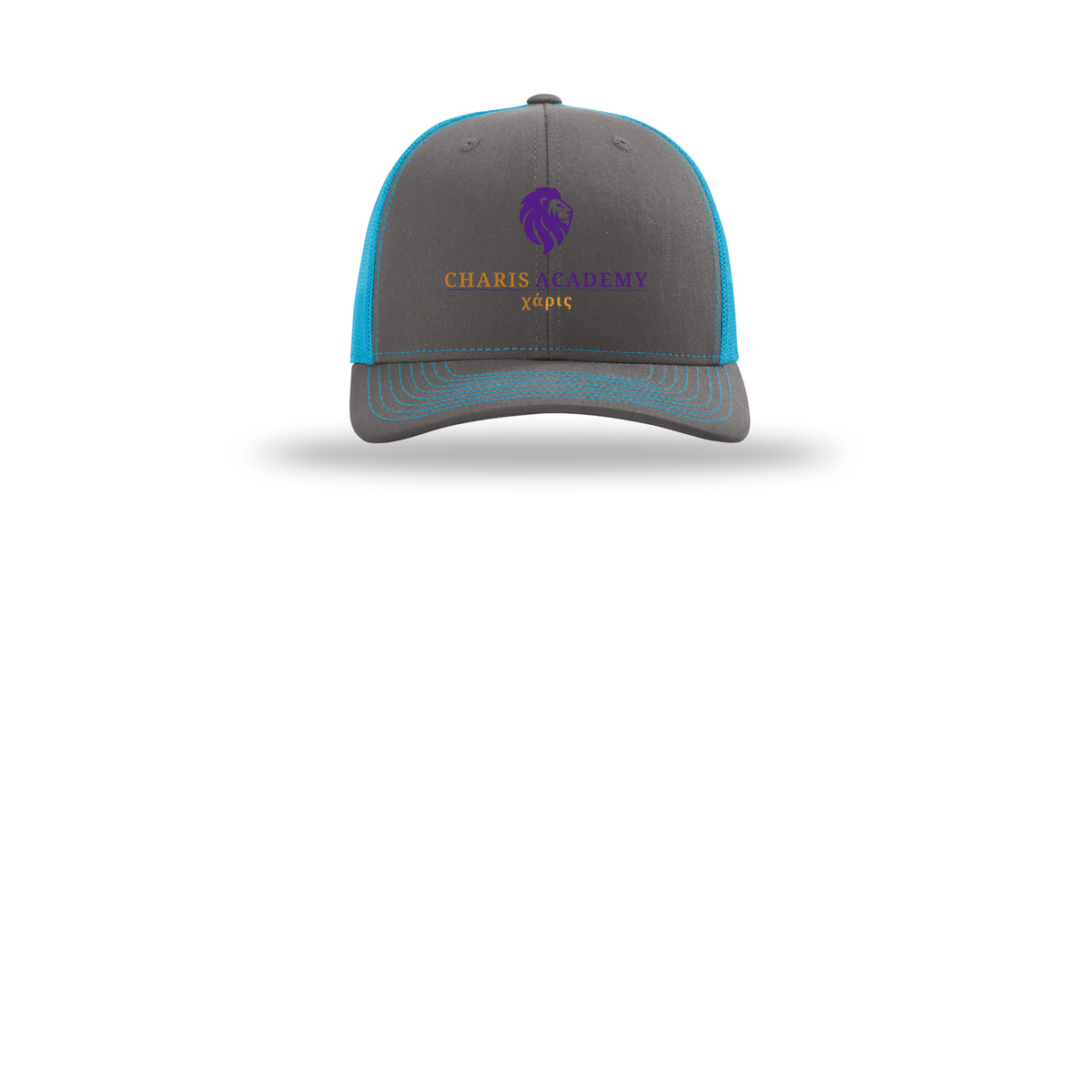 cahazleton-richardson-trucker-cap-embroidery-capfront-R112-charcoalneonblue-flat-front
