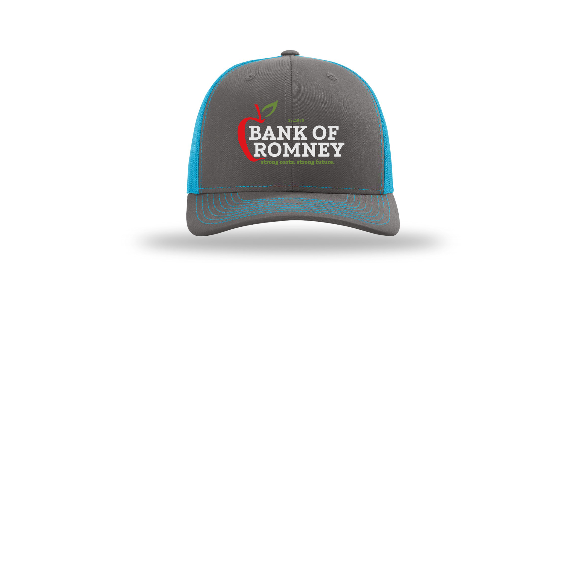 bankofromney-richardson-trucker-cap-embroidery-capfront-R112-charcoalneonblue-flat-front