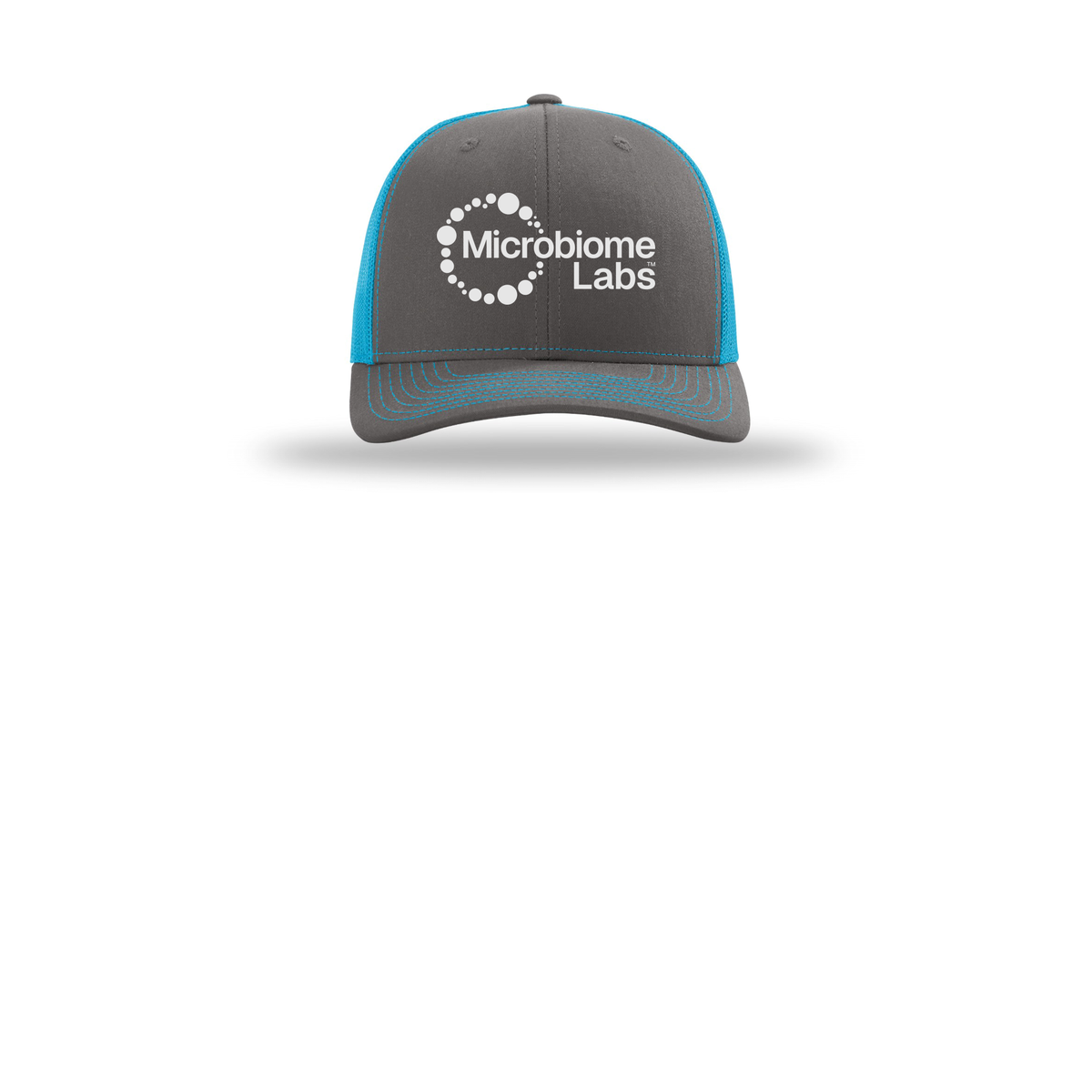 microbiomelabs-richardson-trucker-cap-embroidery-capfront-R112-charcoalneonblue-flat-front