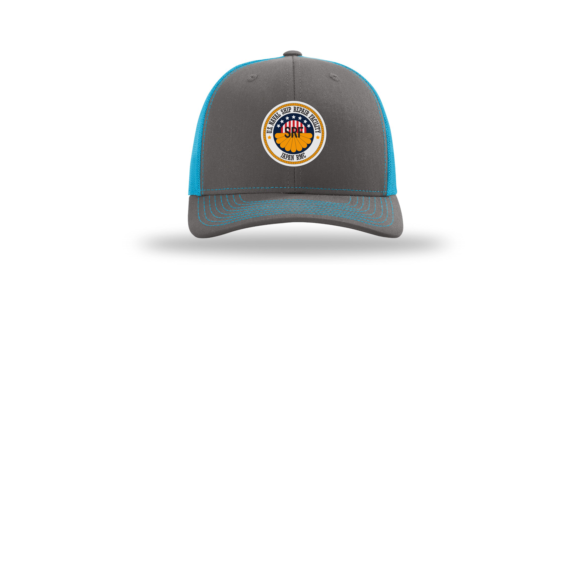 srf-jrmc-richardson-trucker-cap-embroidery-capfront-R112-charcoalneonblue-flat-front