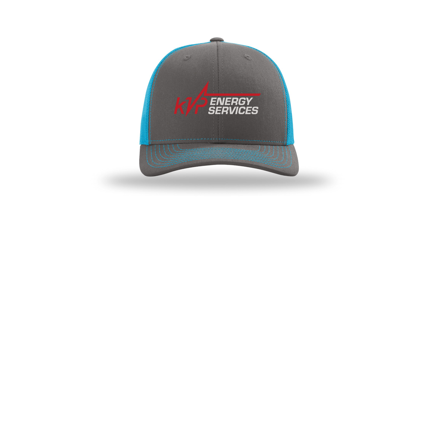 kvpenergy-richardson-trucker-cap-embroidery-capfront-R112-charcoalneonblue-flat-front