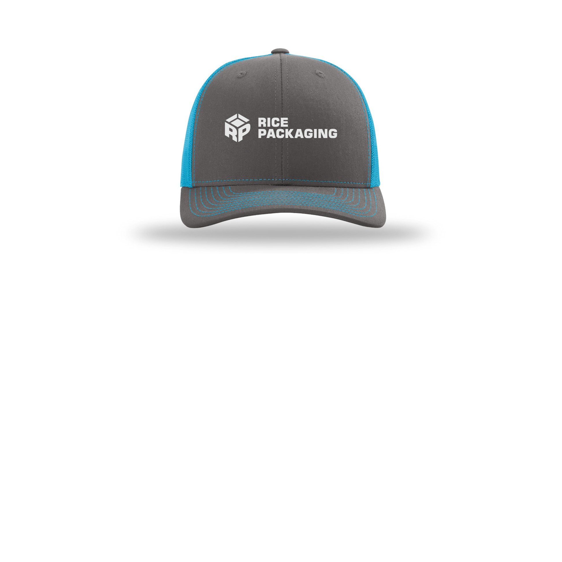 ricepackaging-richardson-trucker-cap-embroidery-capfront-R112-charcoalneonblue-flat-front