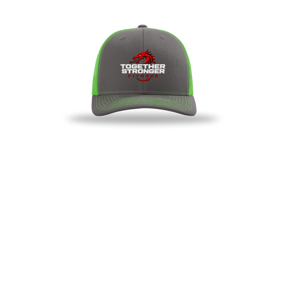 togetherstrongerfitness-richardson-trucker-cap-embroidery-capfront-R112-charcoalneongreen-flat-front
