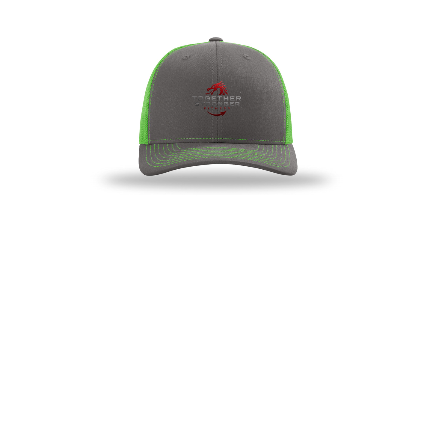 togetherstrongerfitness-richardson-trucker-cap-embroidery-capfront-R112-charcoalneongreen-flat-front