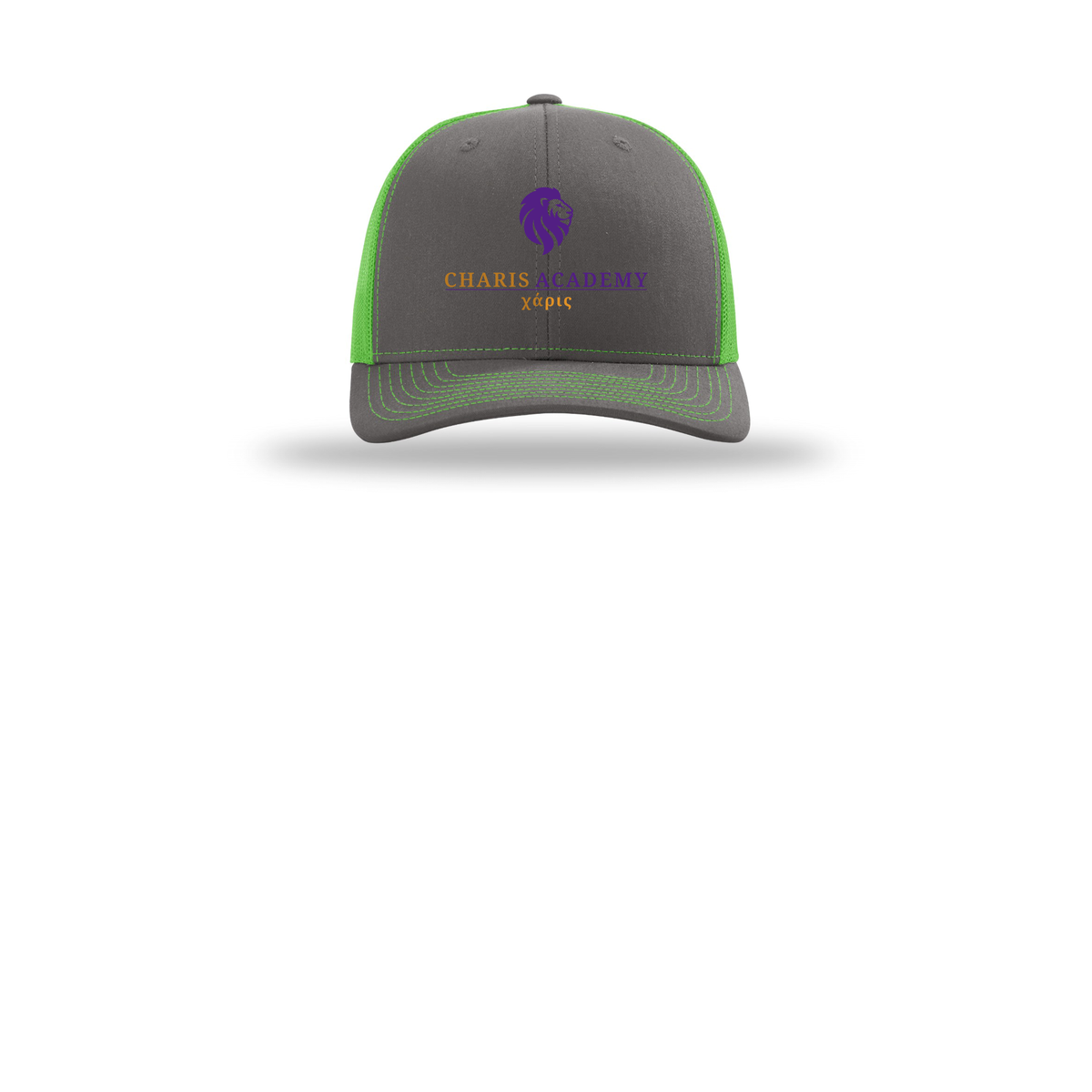 cahazleton-richardson-trucker-cap-embroidery-capfront-R112-charcoalneongreen-flat-front