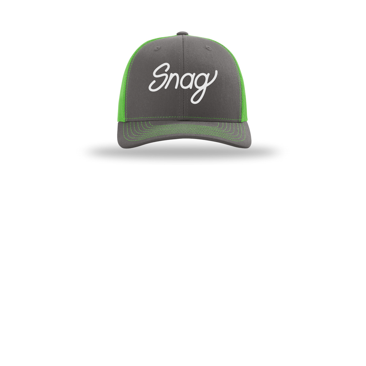 snagdelivery-richardson-trucker-cap-embroidery-capfront-R112-charcoalneongreen-flat-front