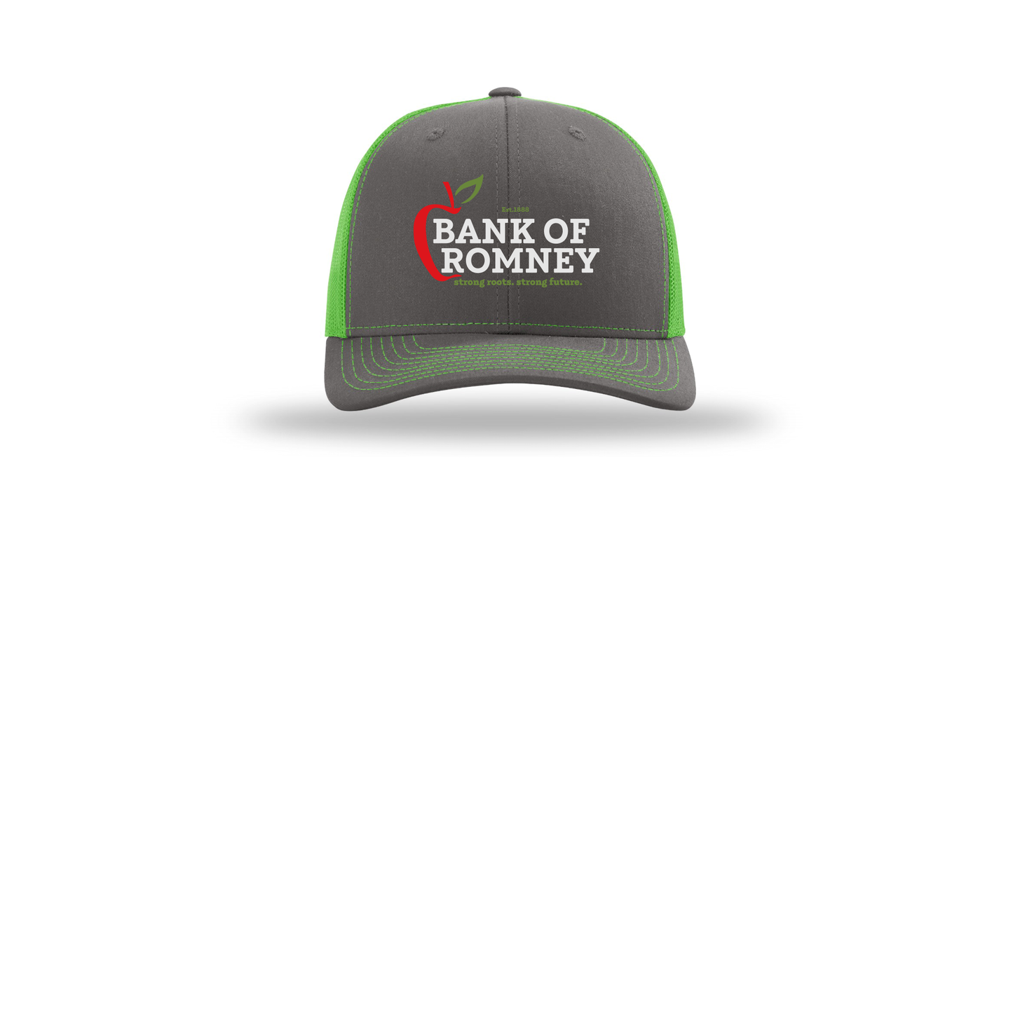 bankofromney-richardson-trucker-cap-embroidery-capfront-R112-charcoalneongreen-flat-front