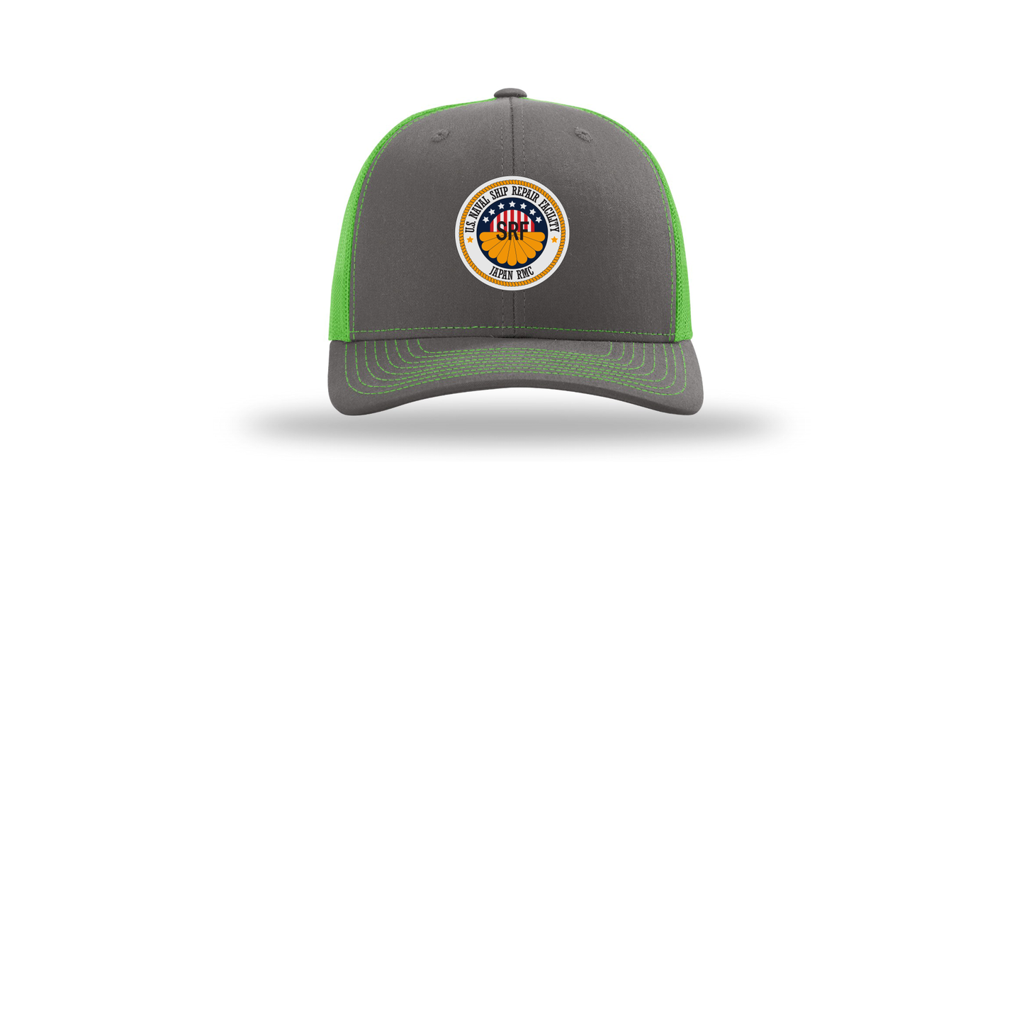 srf-jrmc-richardson-trucker-cap-embroidery-capfront-R112-charcoalneongreen-flat-front