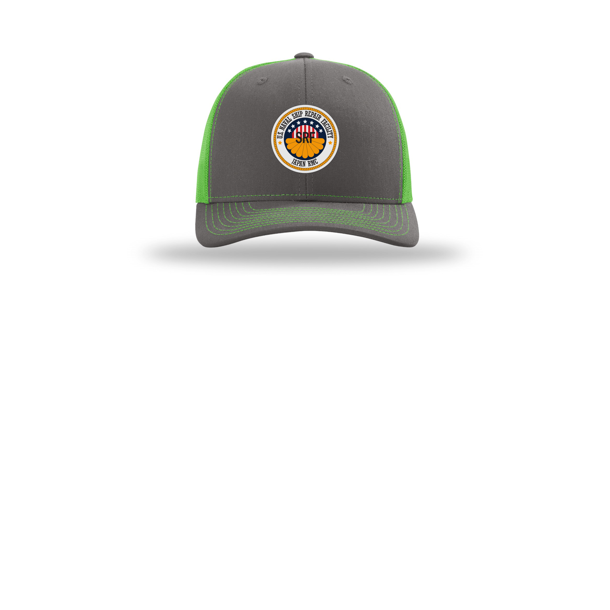 srf-jrmc-richardson-trucker-cap-embroidery-capfront-R112-charcoalneongreen-flat-front