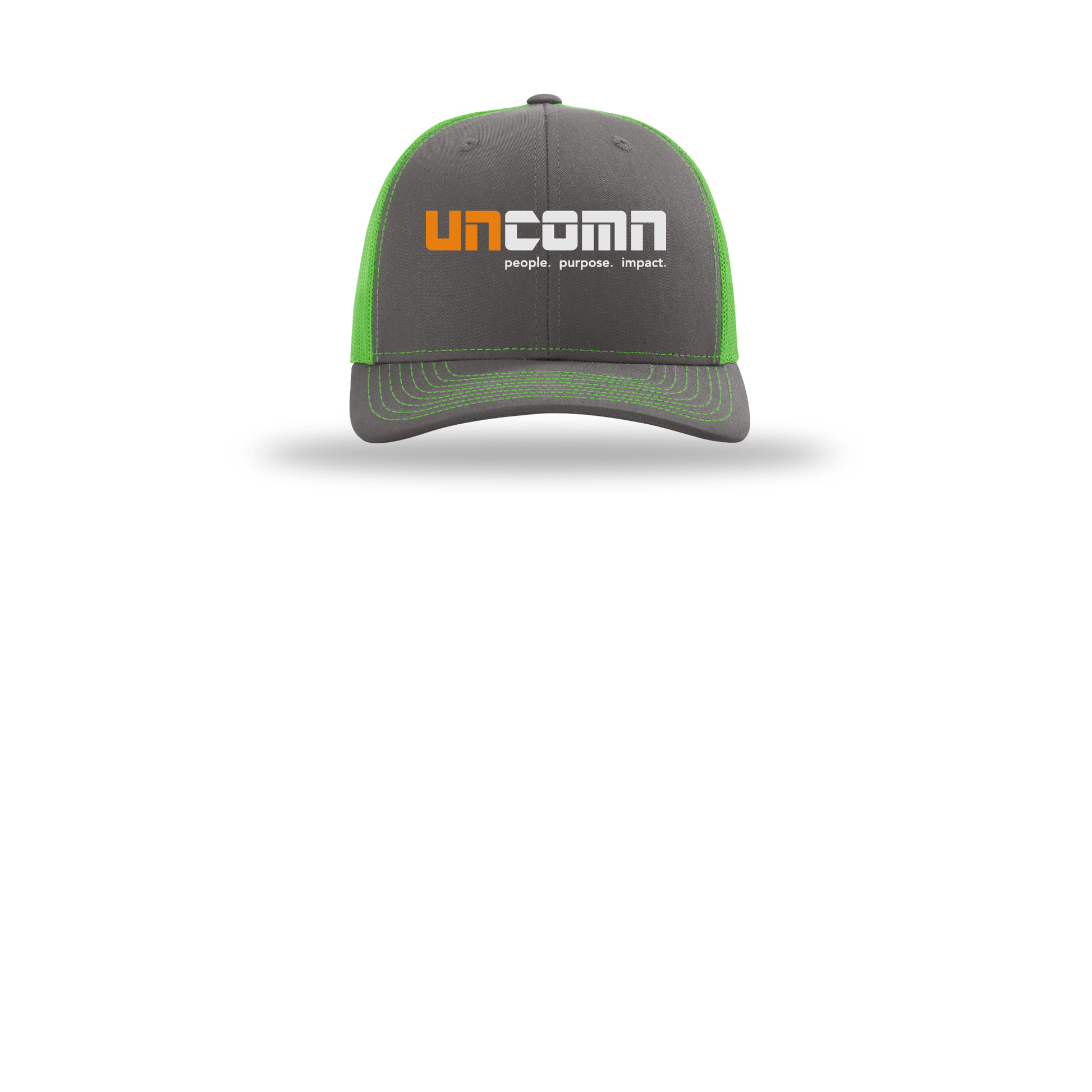 uncomn-richardson-trucker-cap-embroidery-capfront-R112-charcoalneongreen-flat-front
