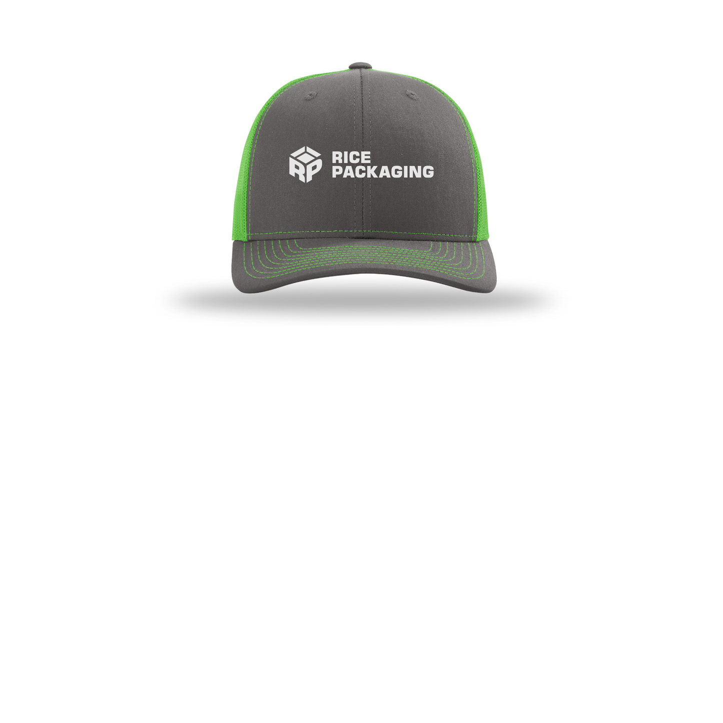 ricepackaging-richardson-trucker-cap-embroidery-capfront-R112-charcoalneongreen-flat-front