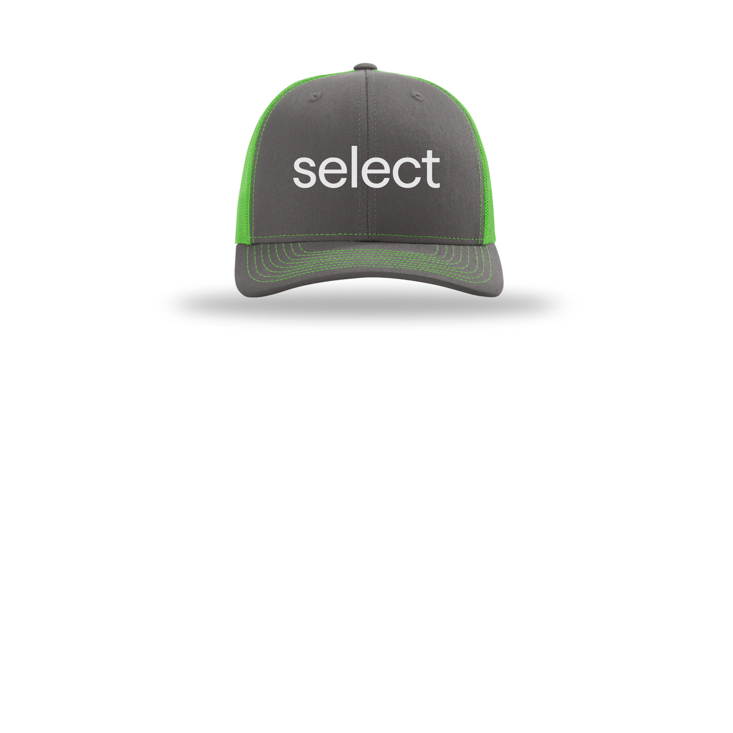 meetselect-richardson-trucker-cap-embroidery-capfront-R112-charcoalneongreen-flat-front
