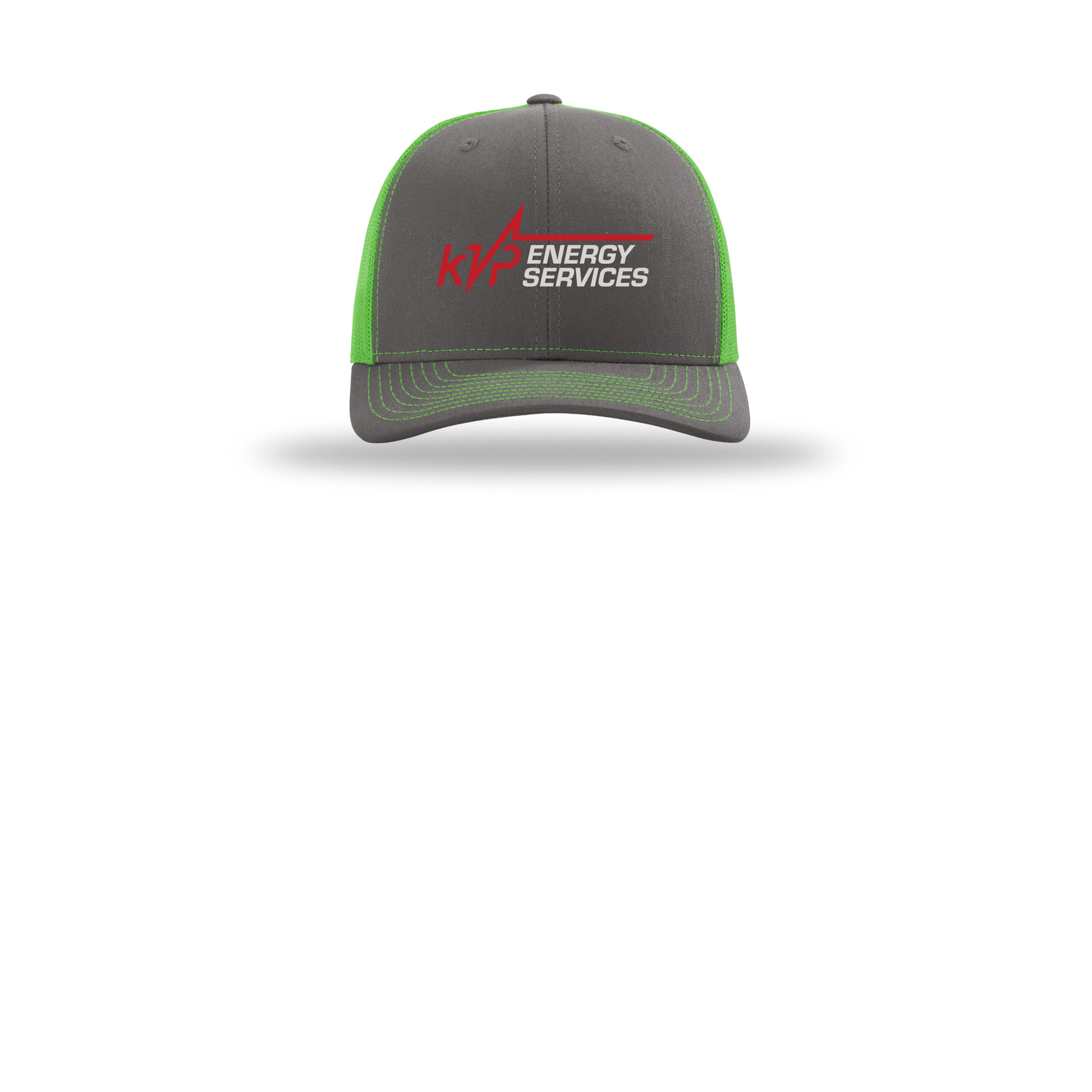 kvpenergy-richardson-trucker-cap-embroidery-capfront-R112-charcoalneongreen-flat-front