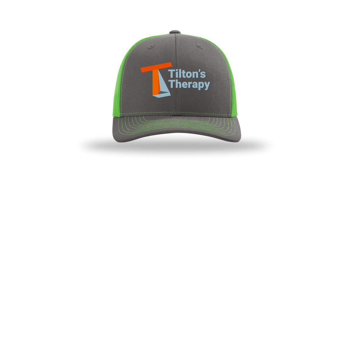 tiltonstherapy-richardson-trucker-cap-embroidery-capfront-R112-charcoalneongreen-flat-front