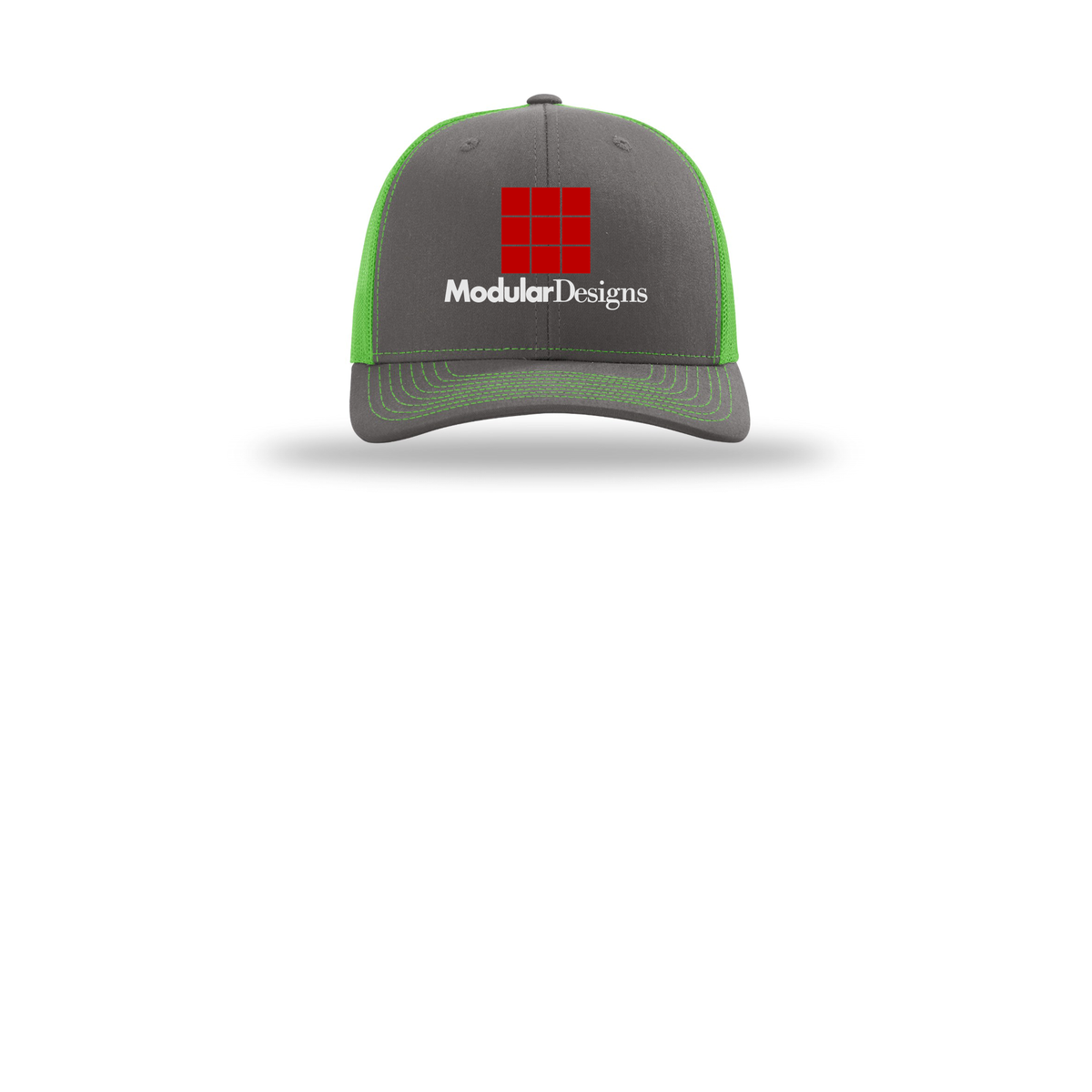 modulardesignsflooring-richardson-trucker-cap-embroidery-capfront-R112-charcoalneongreen-flat-front