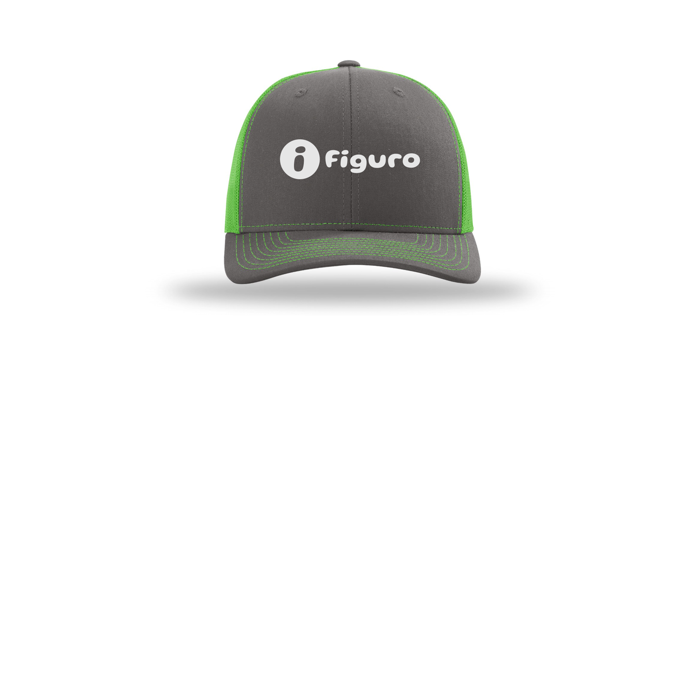 getfiguro-richardson-trucker-cap-embroidery-capfront-R112-charcoalneongreen-flat-front