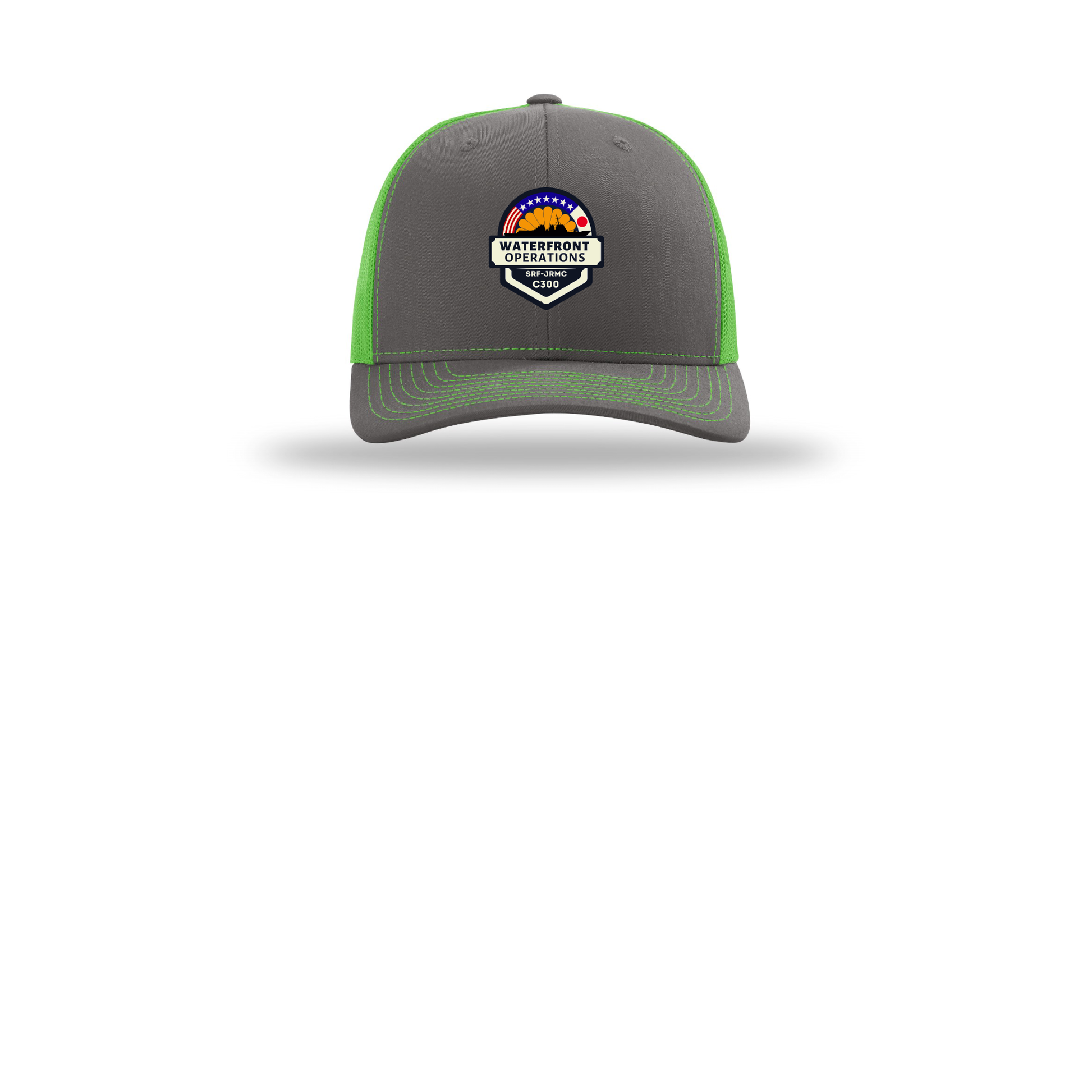 waterfront-operations-retro-trucker-cap-embroidery-capfront-R112-charcoalneongreen-flat-front