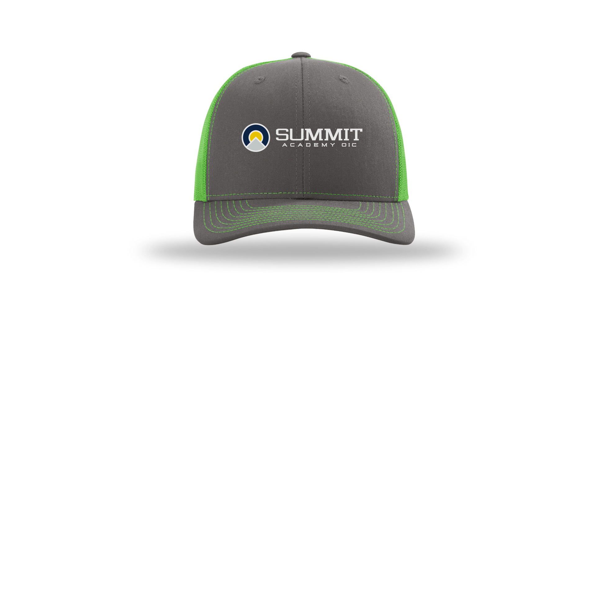 saoic-richardson-trucker-cap-embroidery-capfront-R112-charcoalneongreen-flat-front
