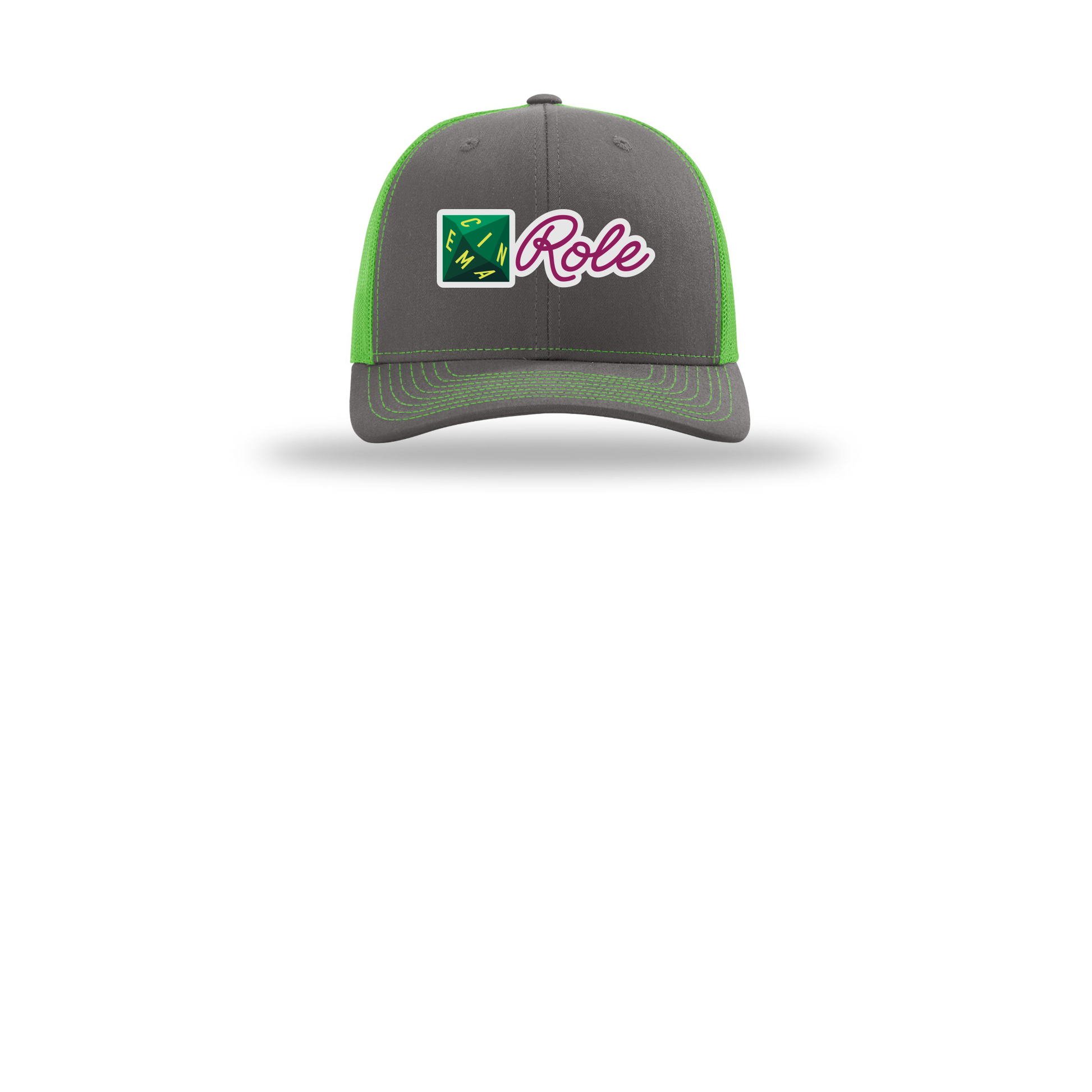 cinemarole-richardson-trucker-cap-embroidery-capfront-R112-charcoalneongreen-flat-front