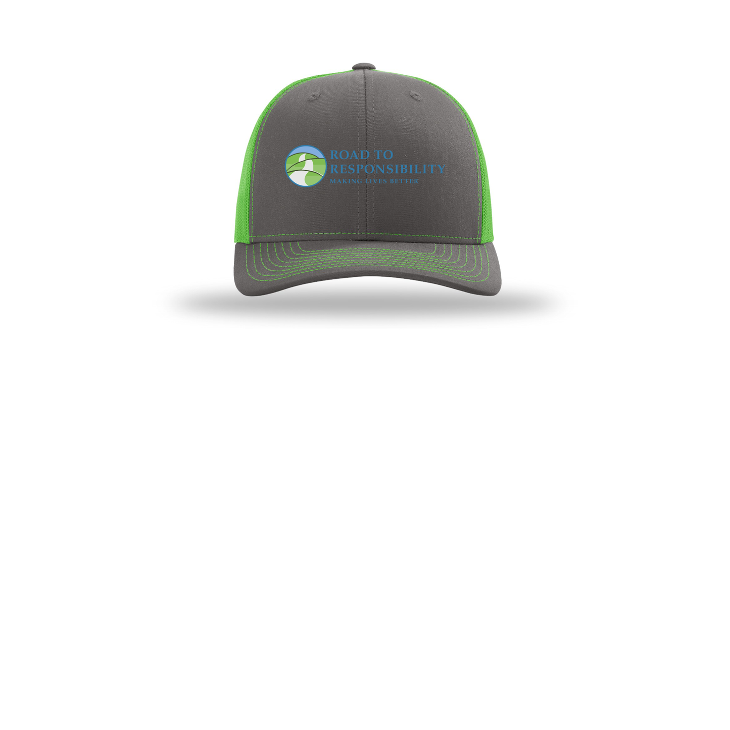 roadtoresponsibility-richardson-trucker-cap-embroidery-capfront-R112-charcoalneongreen-flat-front
