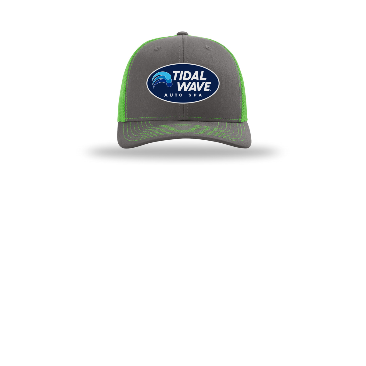 tidalwaveautospa-richardson-trucker-cap-embroidery-capfront-R112-charcoalneongreen-flat-front