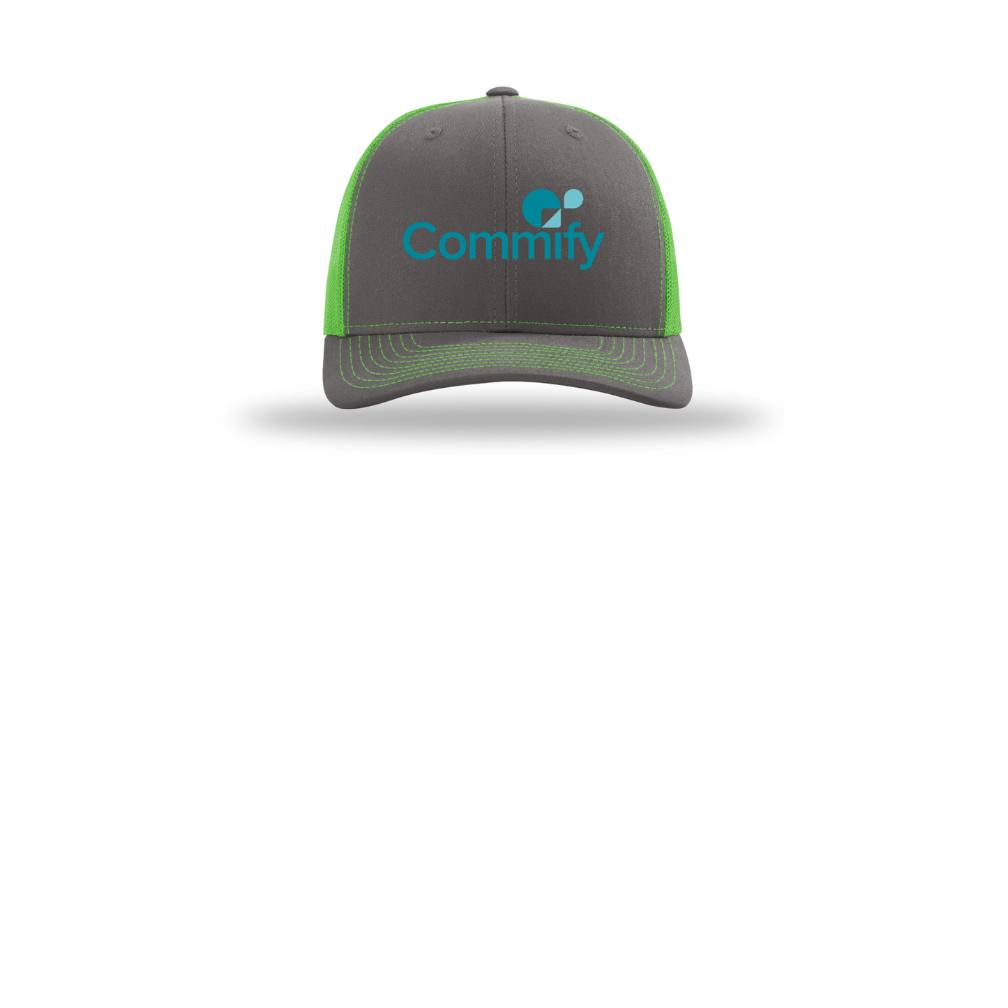 commify-richardson-trucker-cap-embroidery-capfront-R112-charcoalneongreen-flat-front