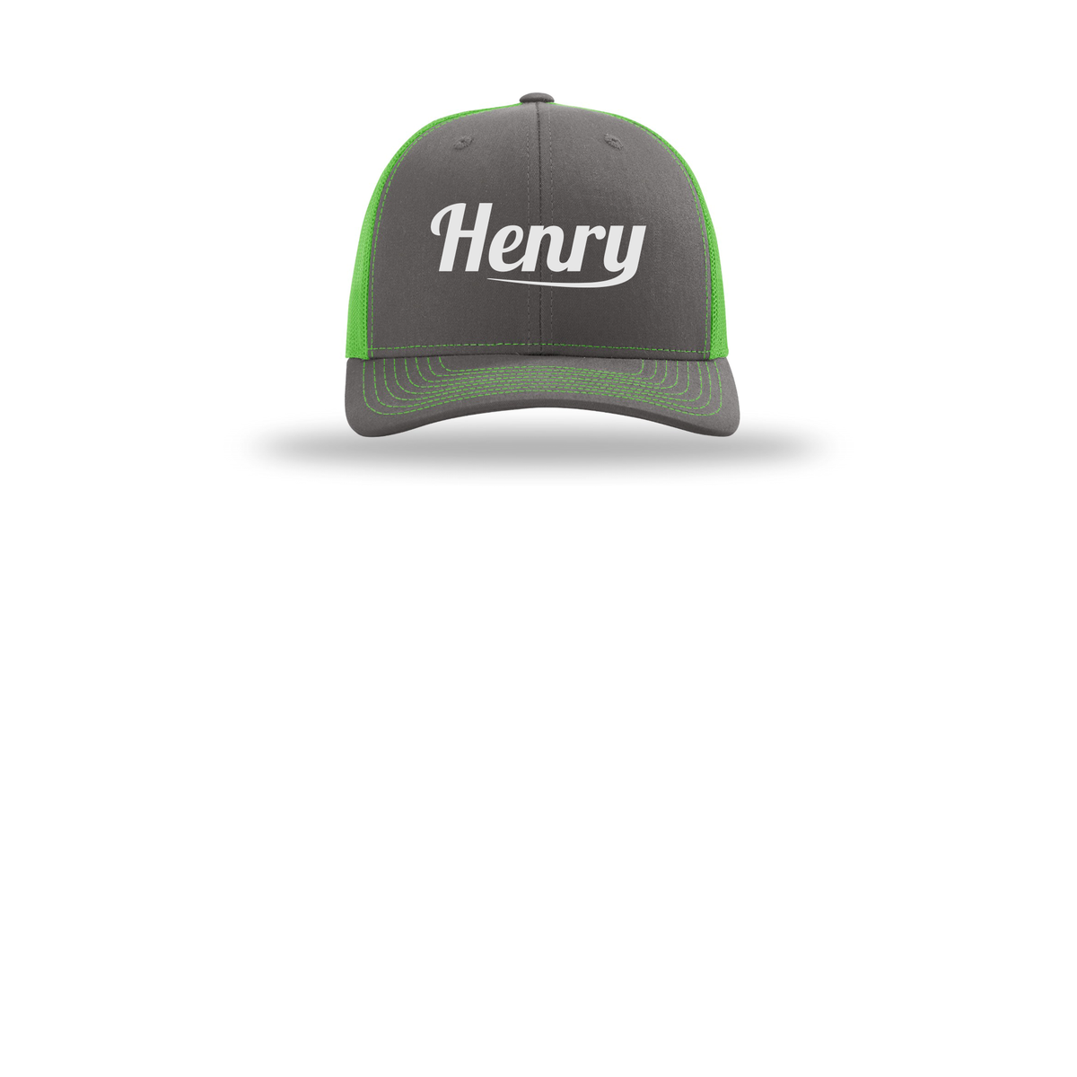 henrymeds-richardson-trucker-cap-embroidery-capfront-R112-charcoalneongreen-flat-front