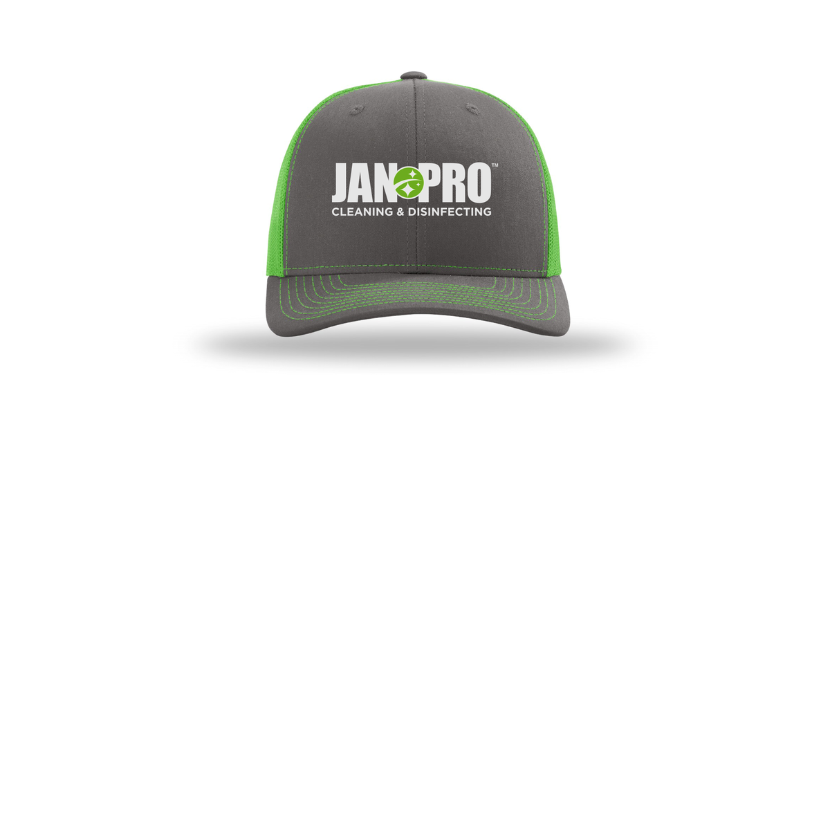 jan-pro-richardson-trucker-cap-embroidery-capfront-R112-charcoalneongreen-flat-front