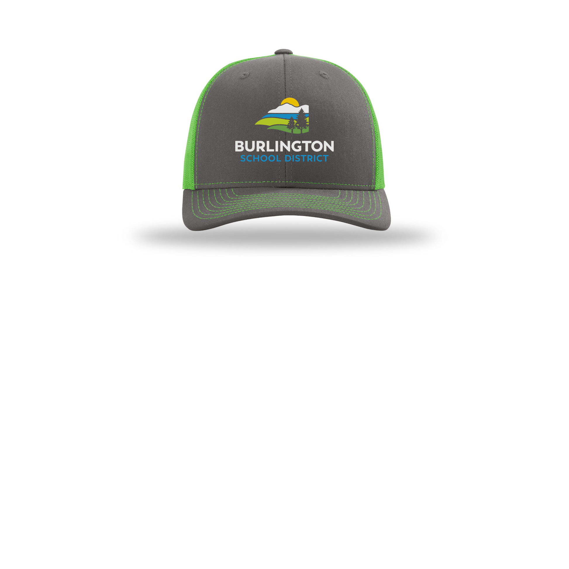 bsdvt-richardson-trucker-cap-embroidery-capfront-R112-charcoalneongreen-flat-front