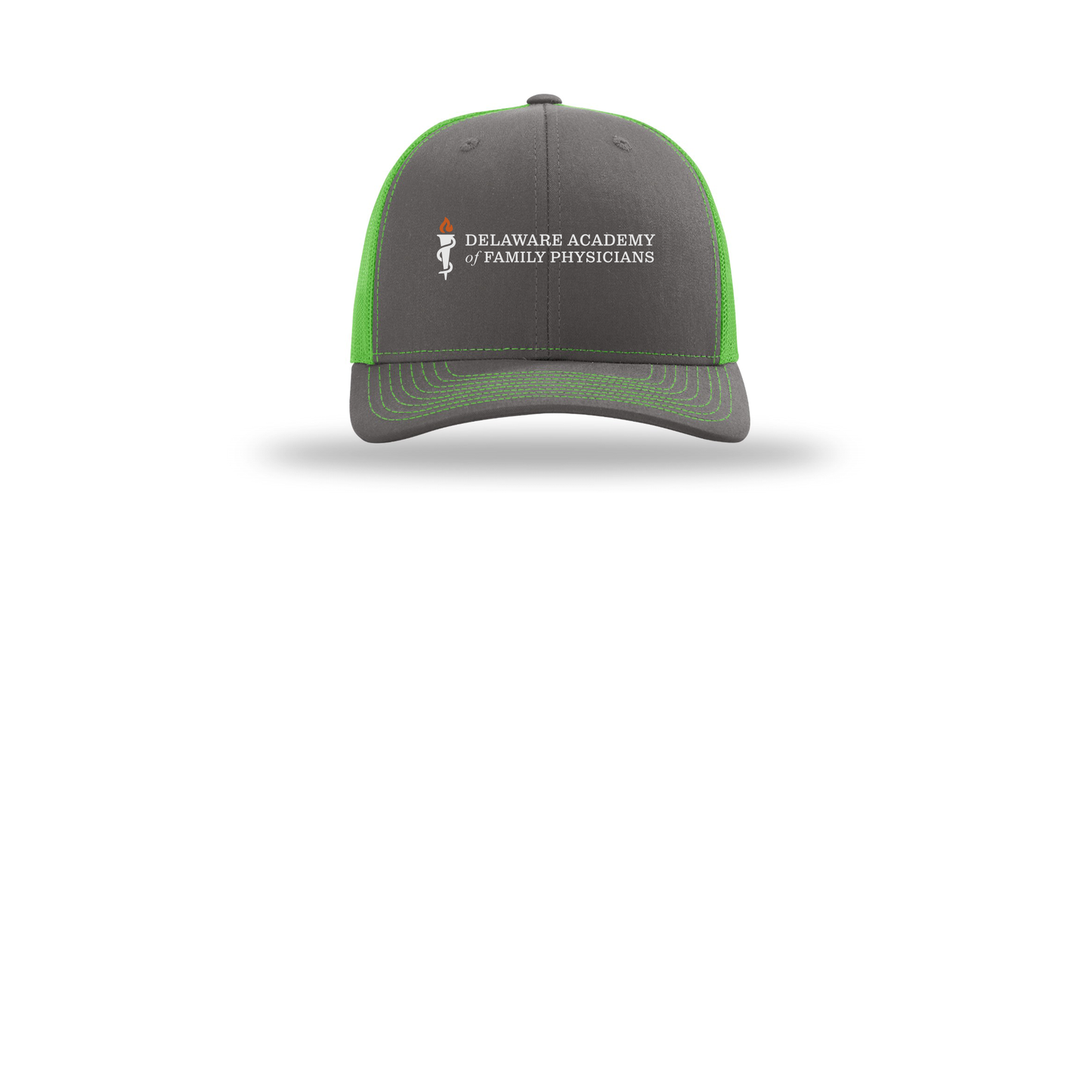 delfamdoc-richardson-trucker-cap-embroidery-capfront-R112-charcoalneongreen-flat-front