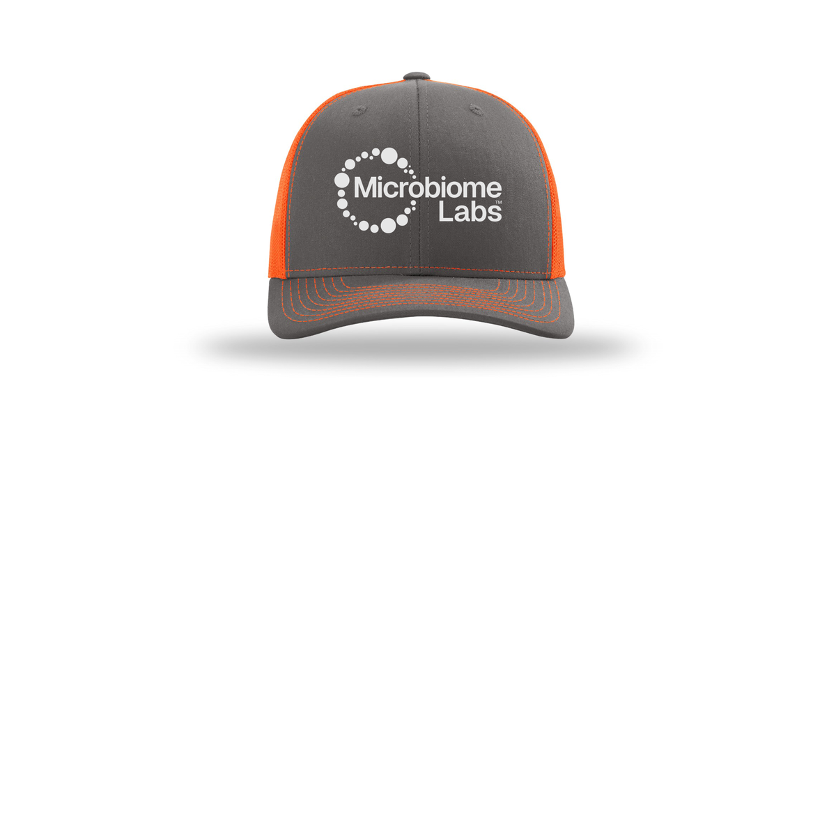 microbiomelabs-richardson-trucker-cap-embroidery-capfront-R112-charcoalneonorange-flat-front