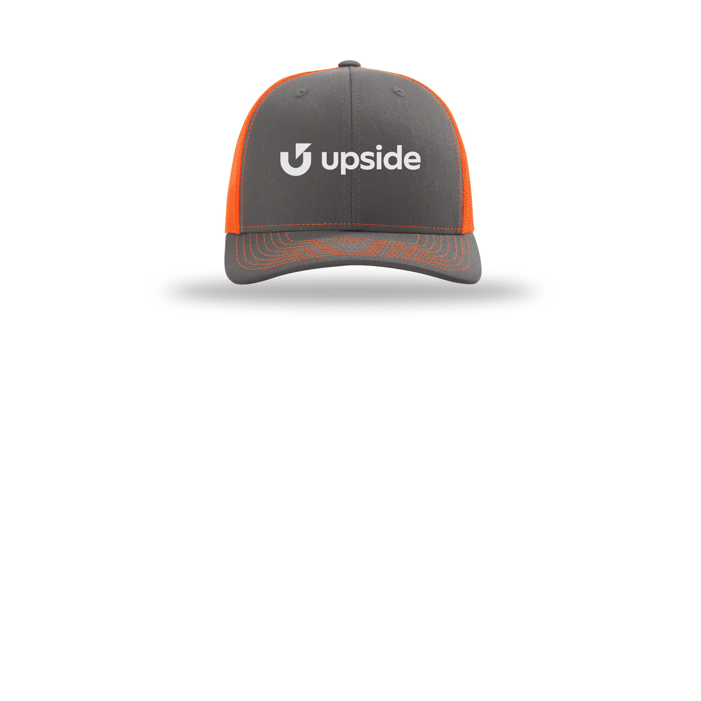 upside-richardson-trucker-cap-embroidery-capfront-R112-charcoalneonorange-flat-front