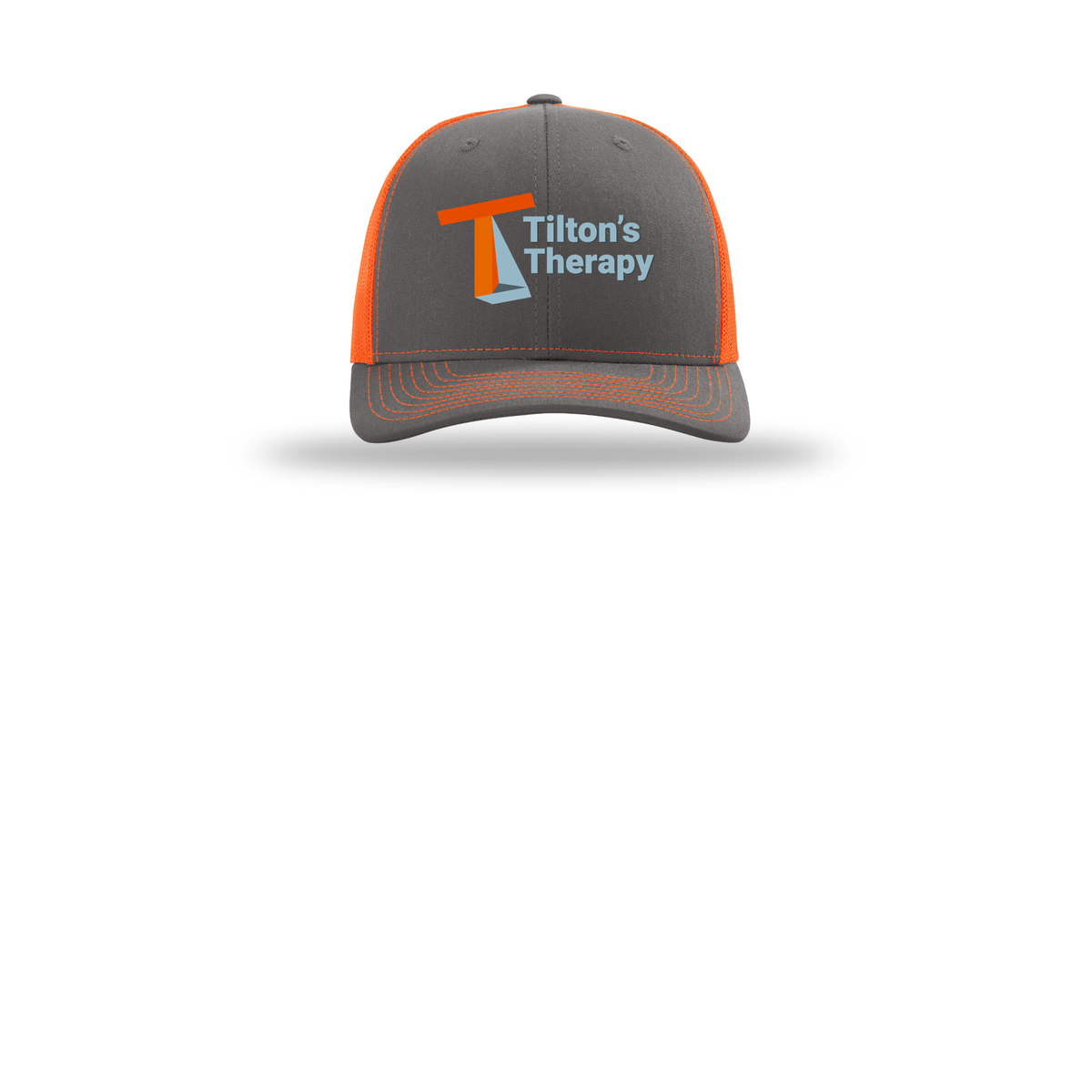 tiltonstherapy-richardson-trucker-cap-embroidery-capfront-R112-charcoalneonorange-flat-front
